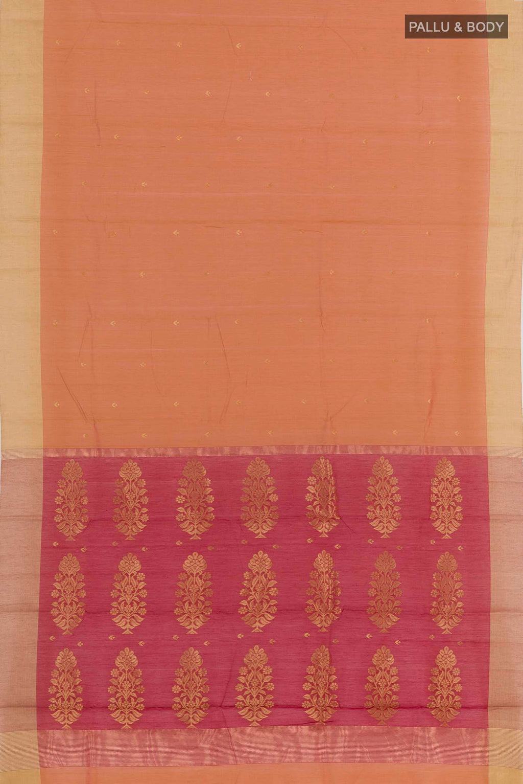 Flat view of Orange Chanderi Silk Saree with Zari Butta on the body and Zari Border. 