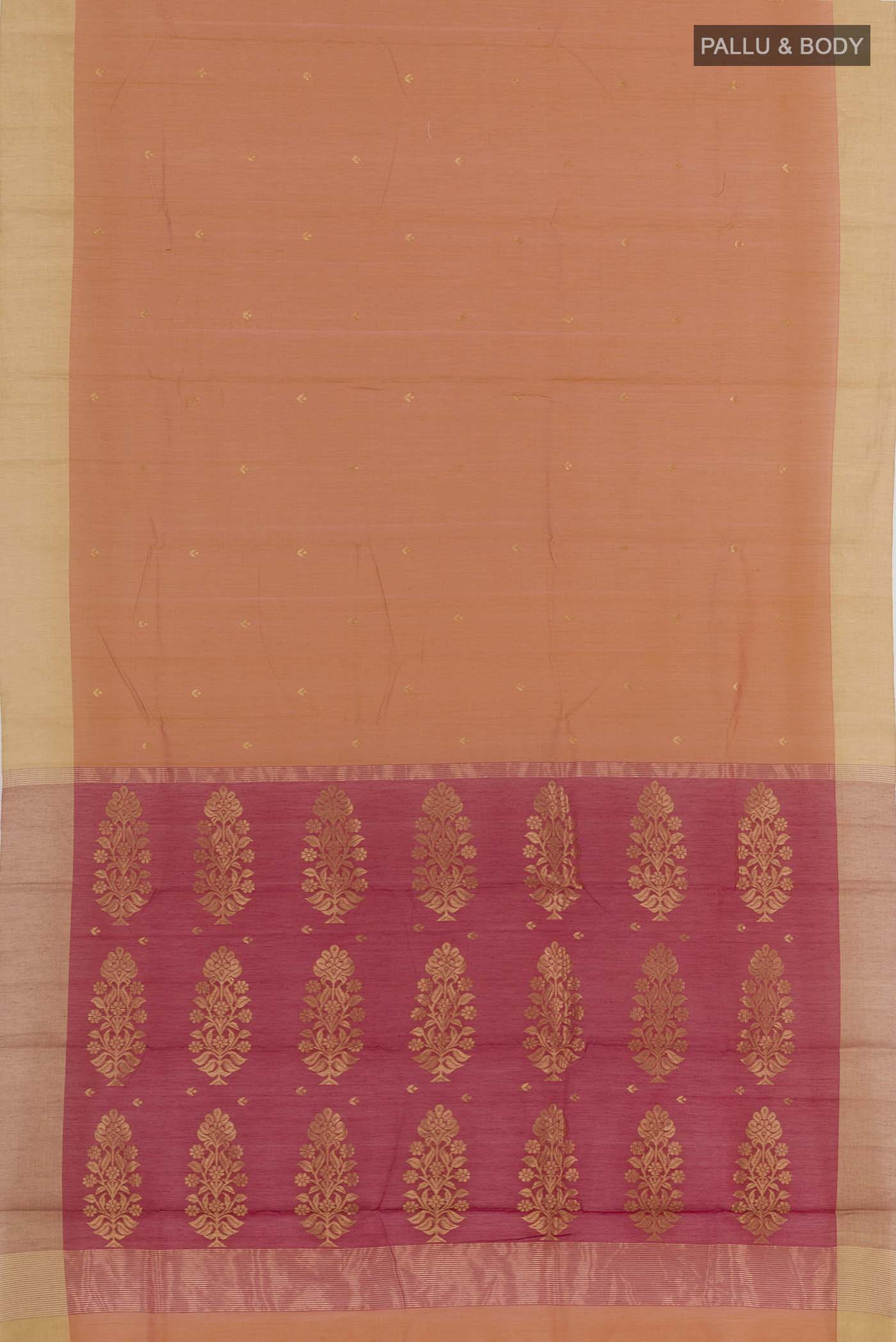 Flat view of Orange Chanderi Silk Saree with Zari Butta on the body and Zari Border. 