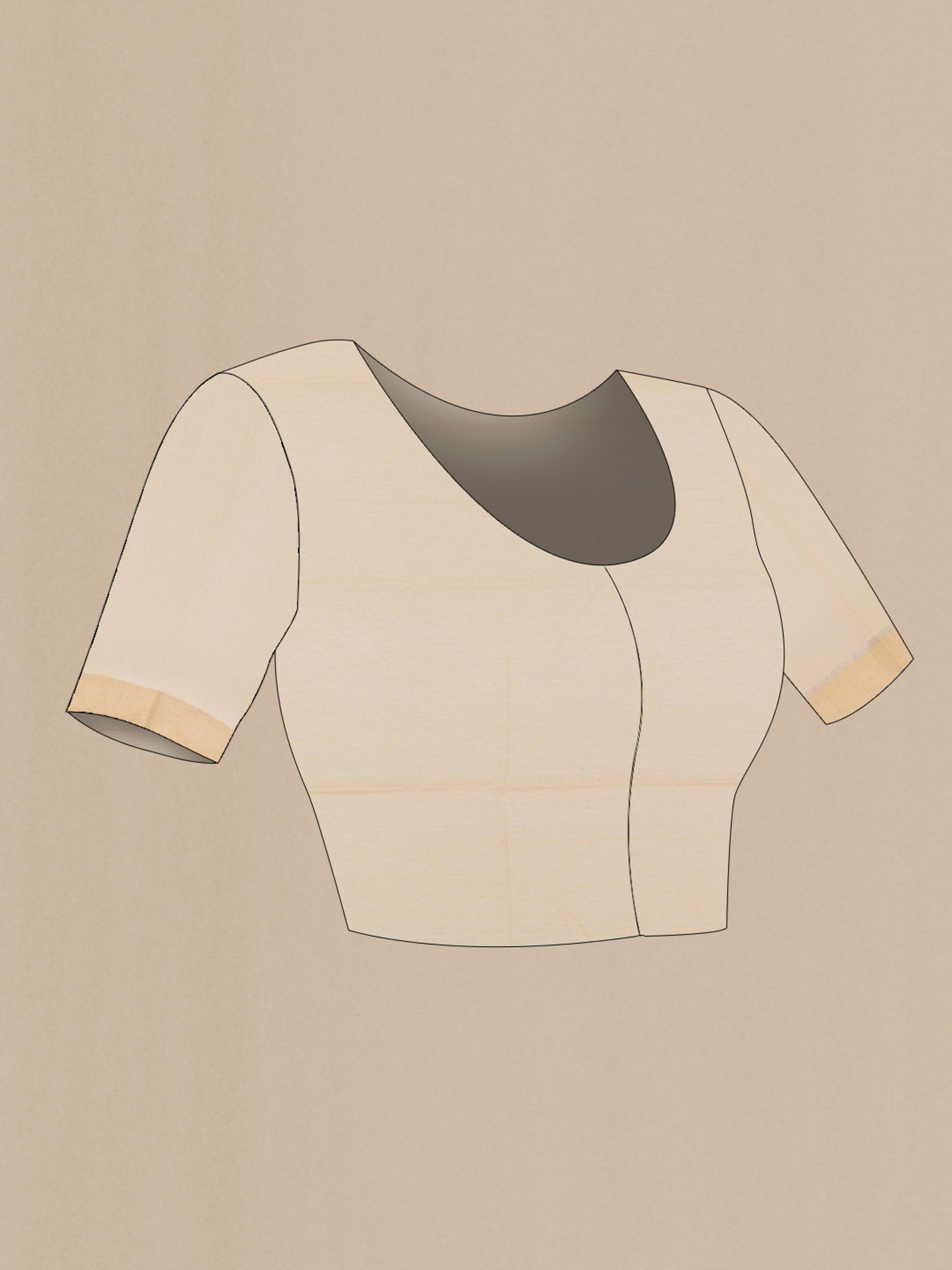 Close up image of the blouse of Off White Chanderi Silk Saree with Zari Butta on the body and Zari Border. 