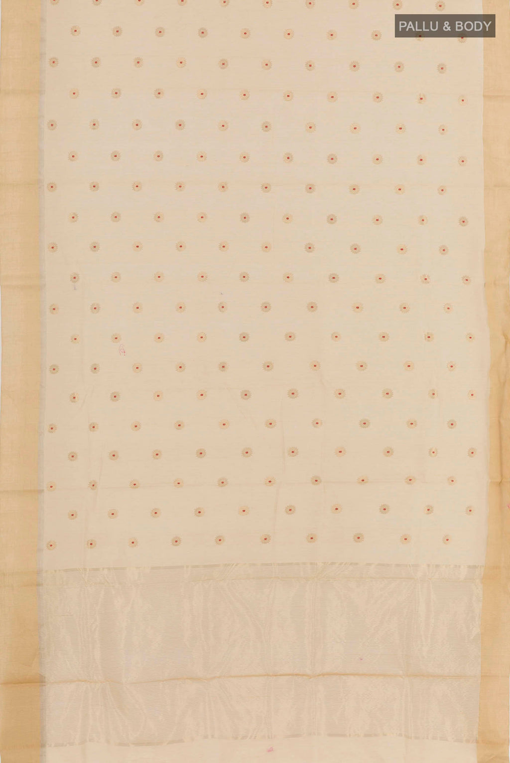 Flat view of Off White Chanderi Silk Saree with Zari Butta on the body and Zari Border. 