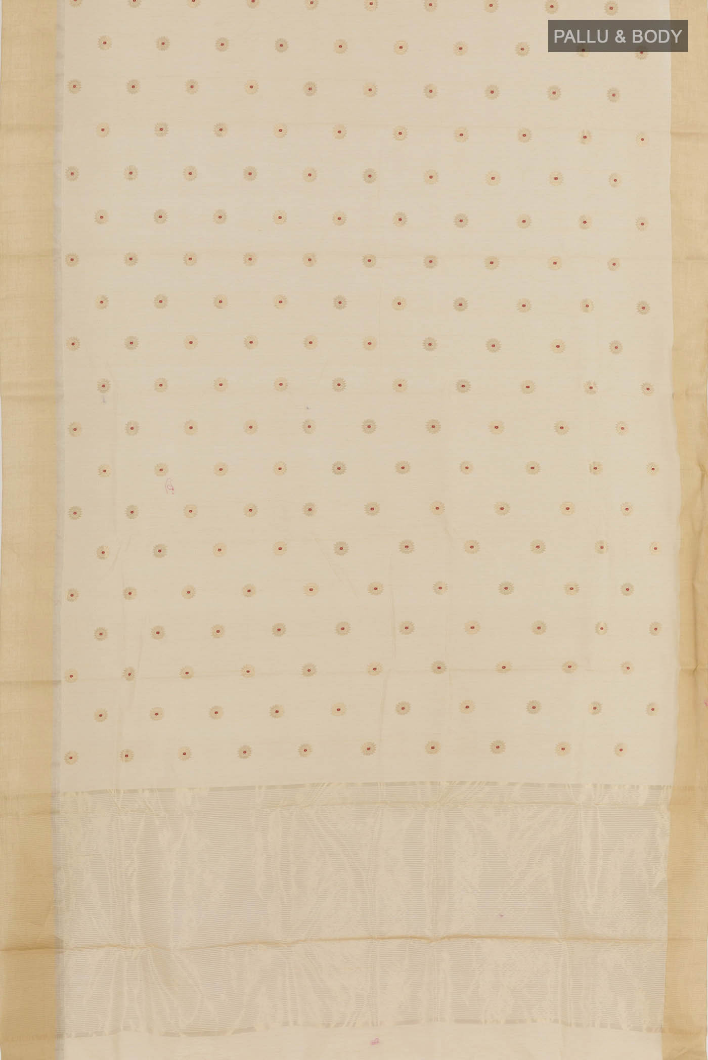 Flat view of Off White Chanderi Silk Saree with Zari Butta on the body and Zari Border. 
