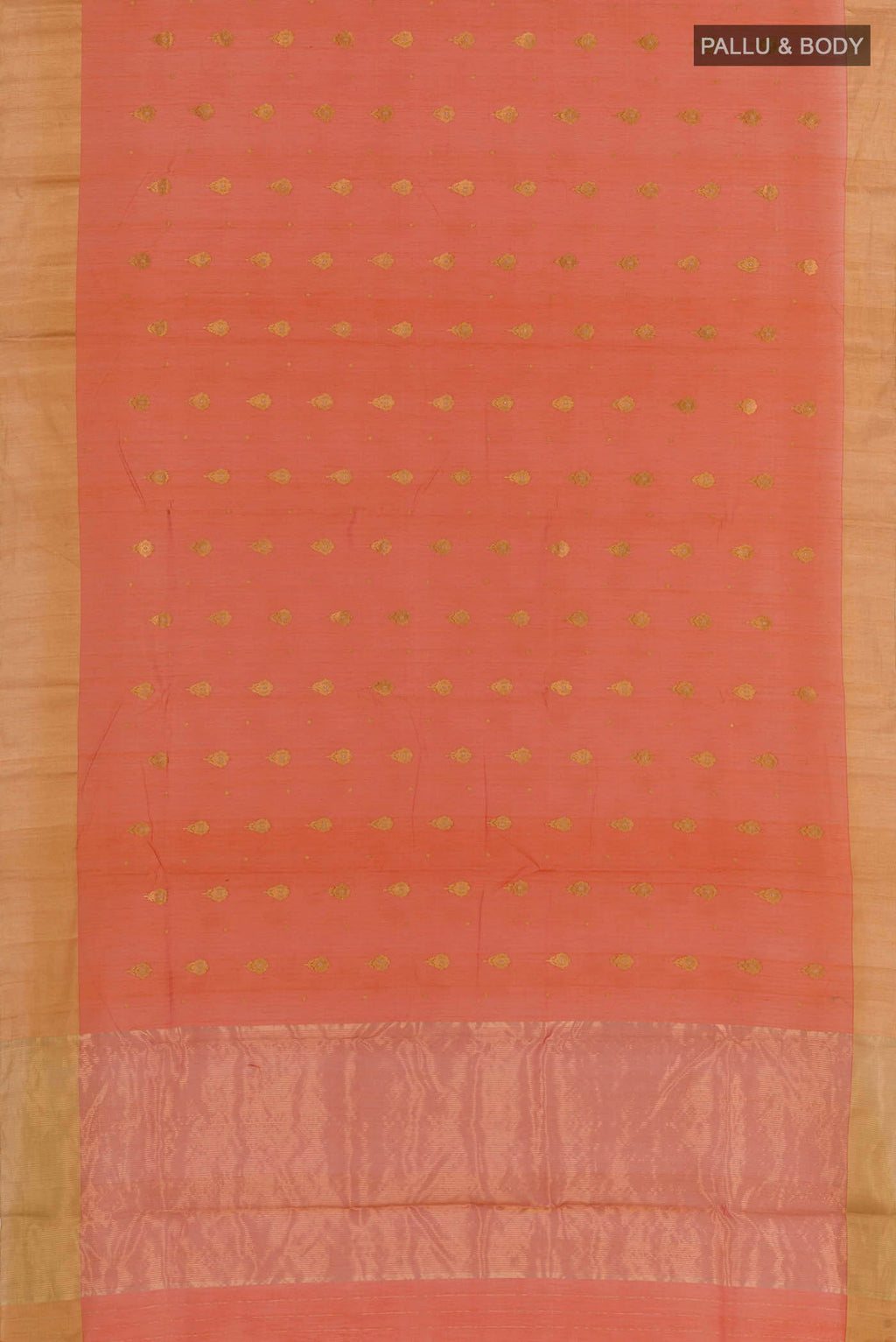 Flat view of Orange Chanderi Silk Saree with Zari Butta on the body and Zari Border. 