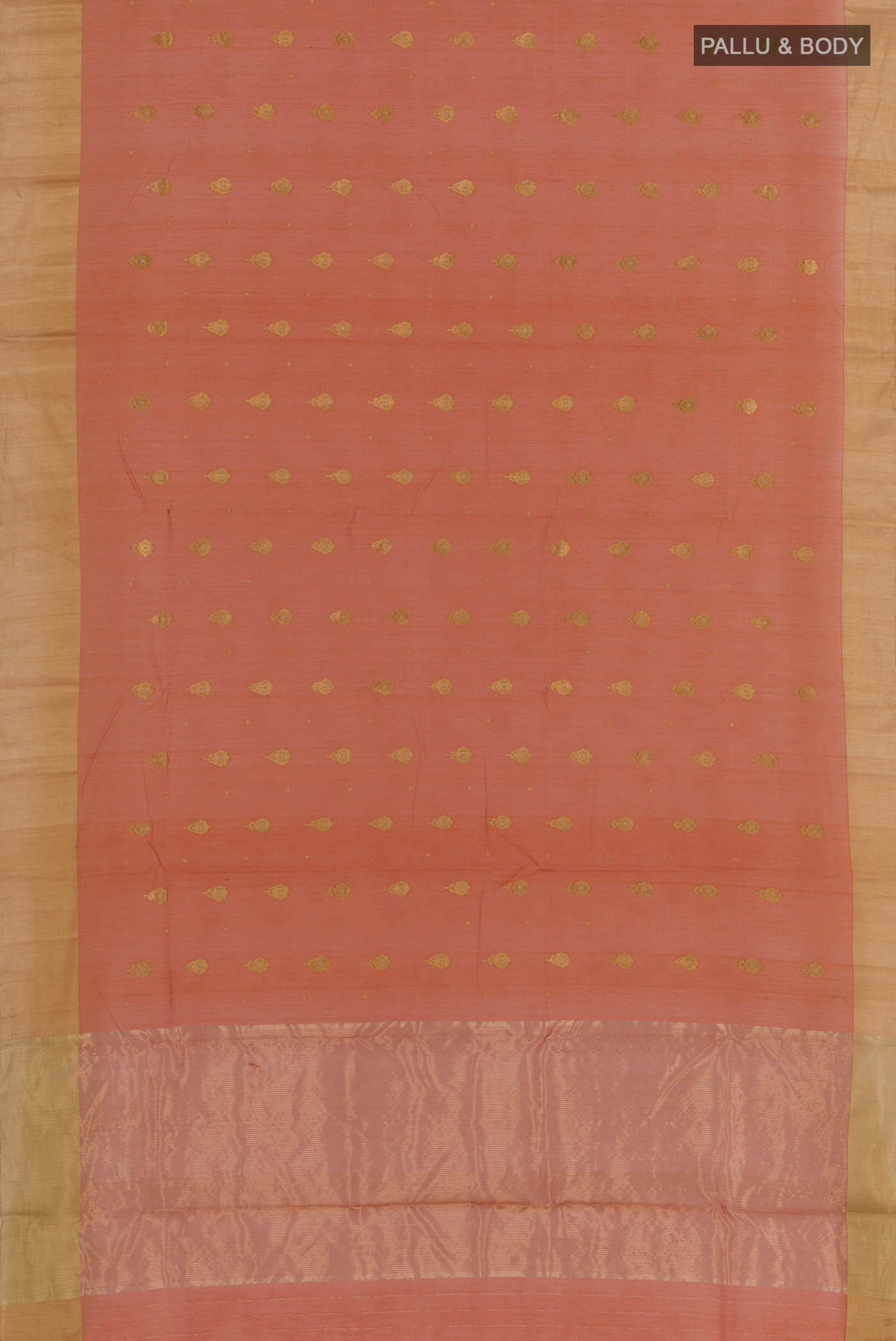 Flat view of Orange Chanderi Silk Saree with Zari Butta on the body and Zari Border. 