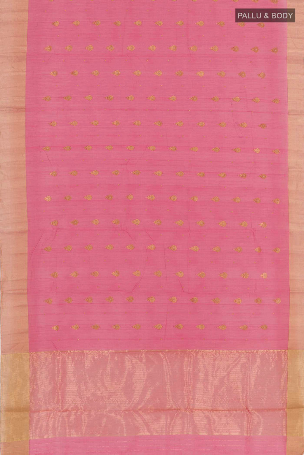 Flat view of Pink Chanderi Silk Saree with Zari Butta on the body and Zari Border. 