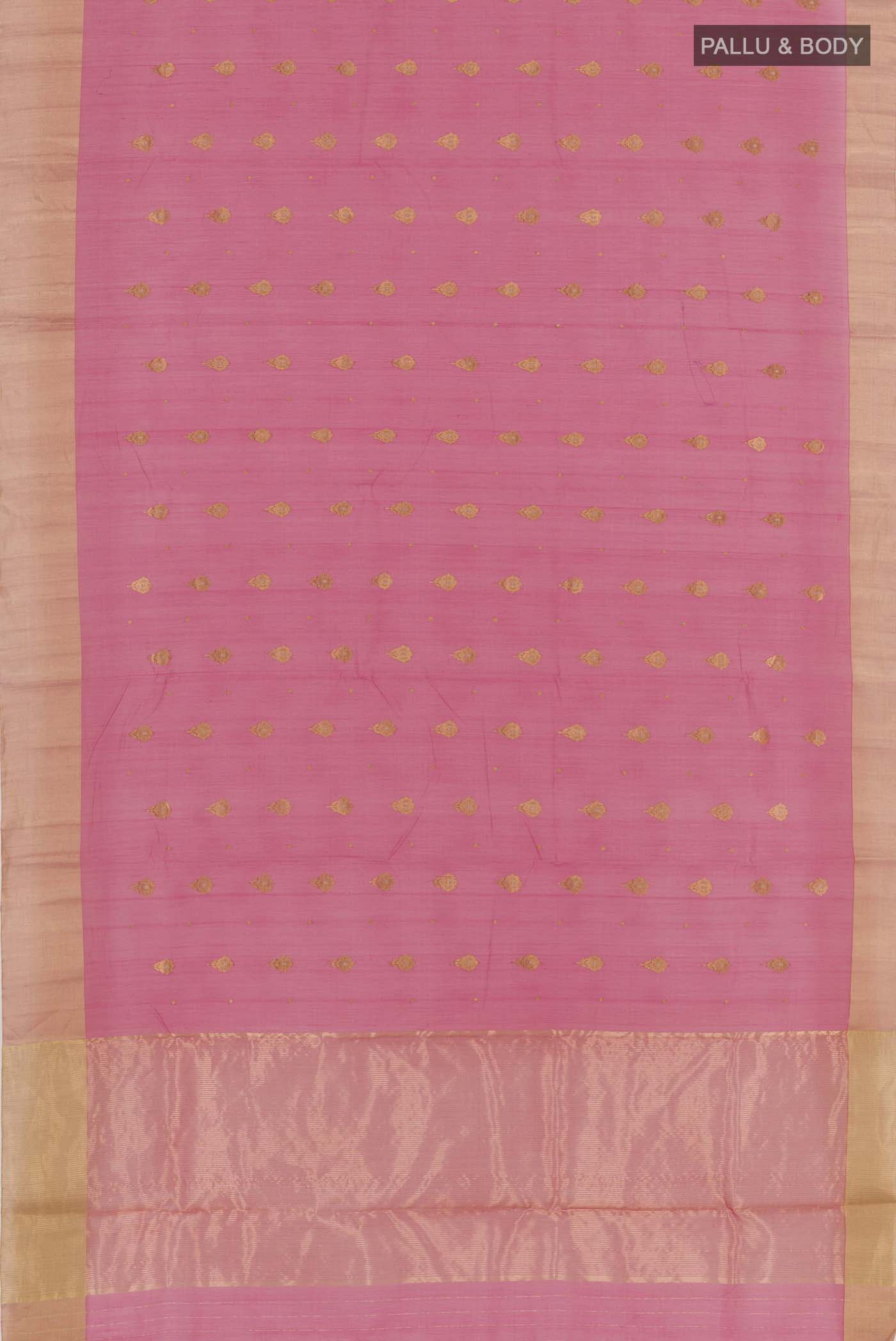 Flat view of Pink Chanderi Silk Saree with Zari Butta on the body and Zari Border. 