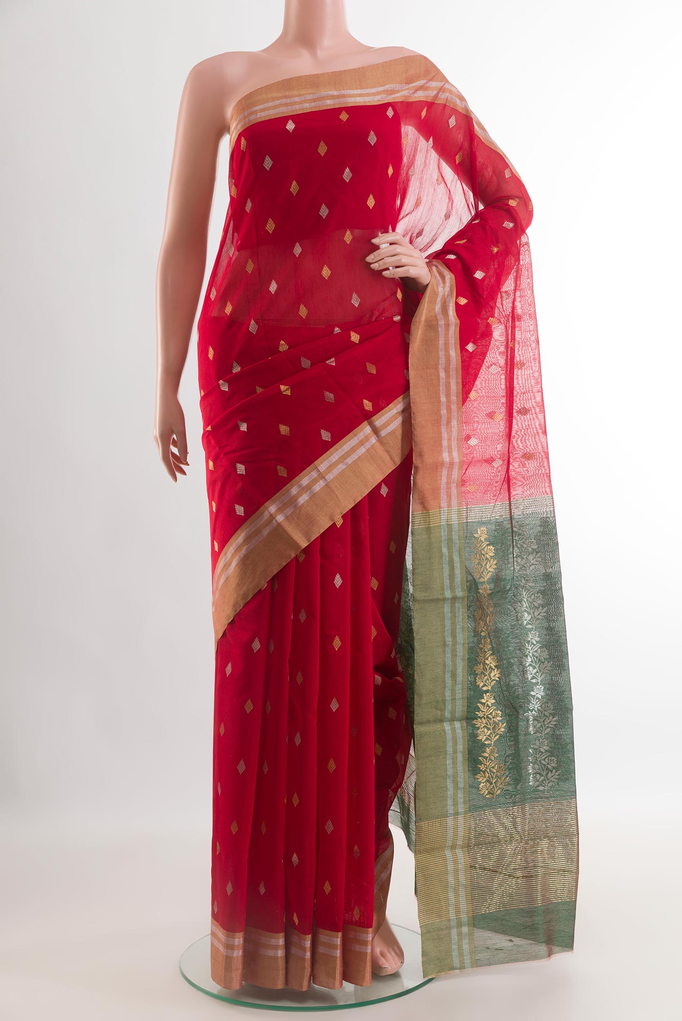 Red Blended Chanderi Silk Cotton Saree with Zari Butta on the body and Zari Border.  displayed on a mannequin
