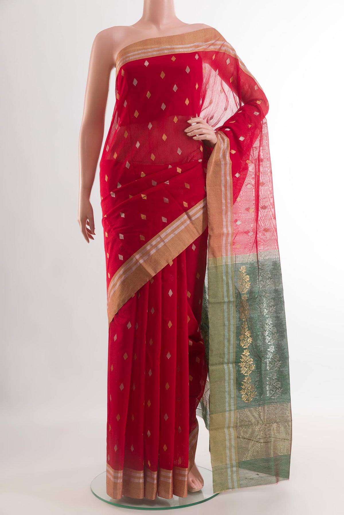 Red Blended Chanderi Silk Cotton Saree with Zari Butta on the body and Zari Border.  displayed on a mannequin