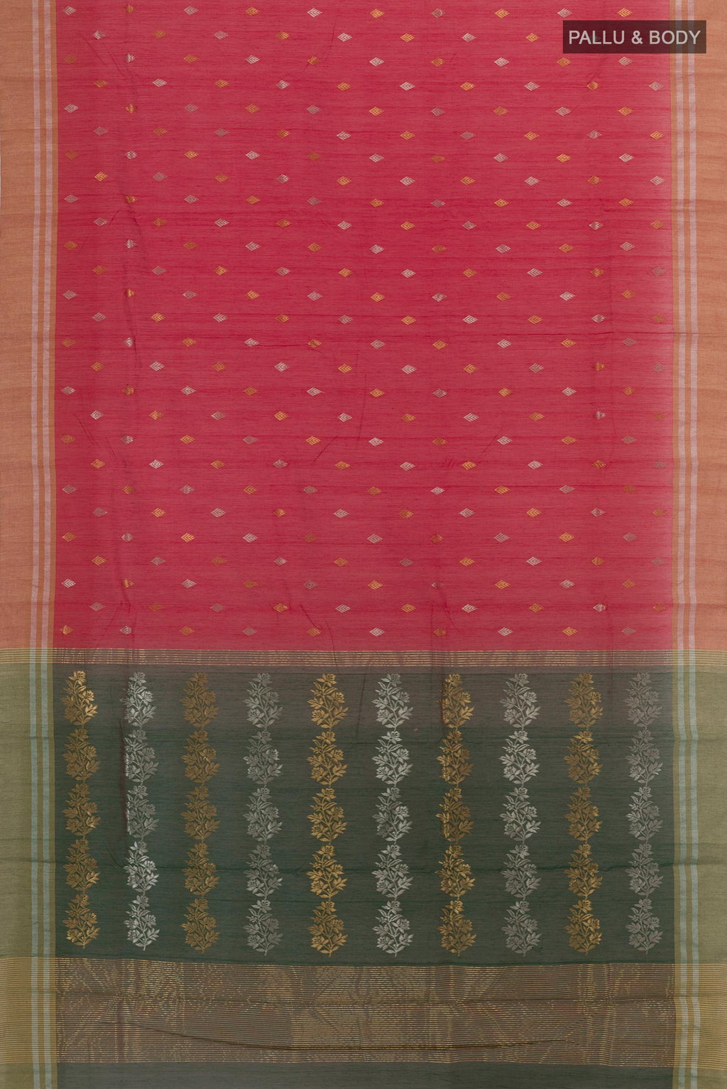 Flat view of Red Blended Chanderi Silk Cotton Saree with Zari Butta on the body and Zari Border. 