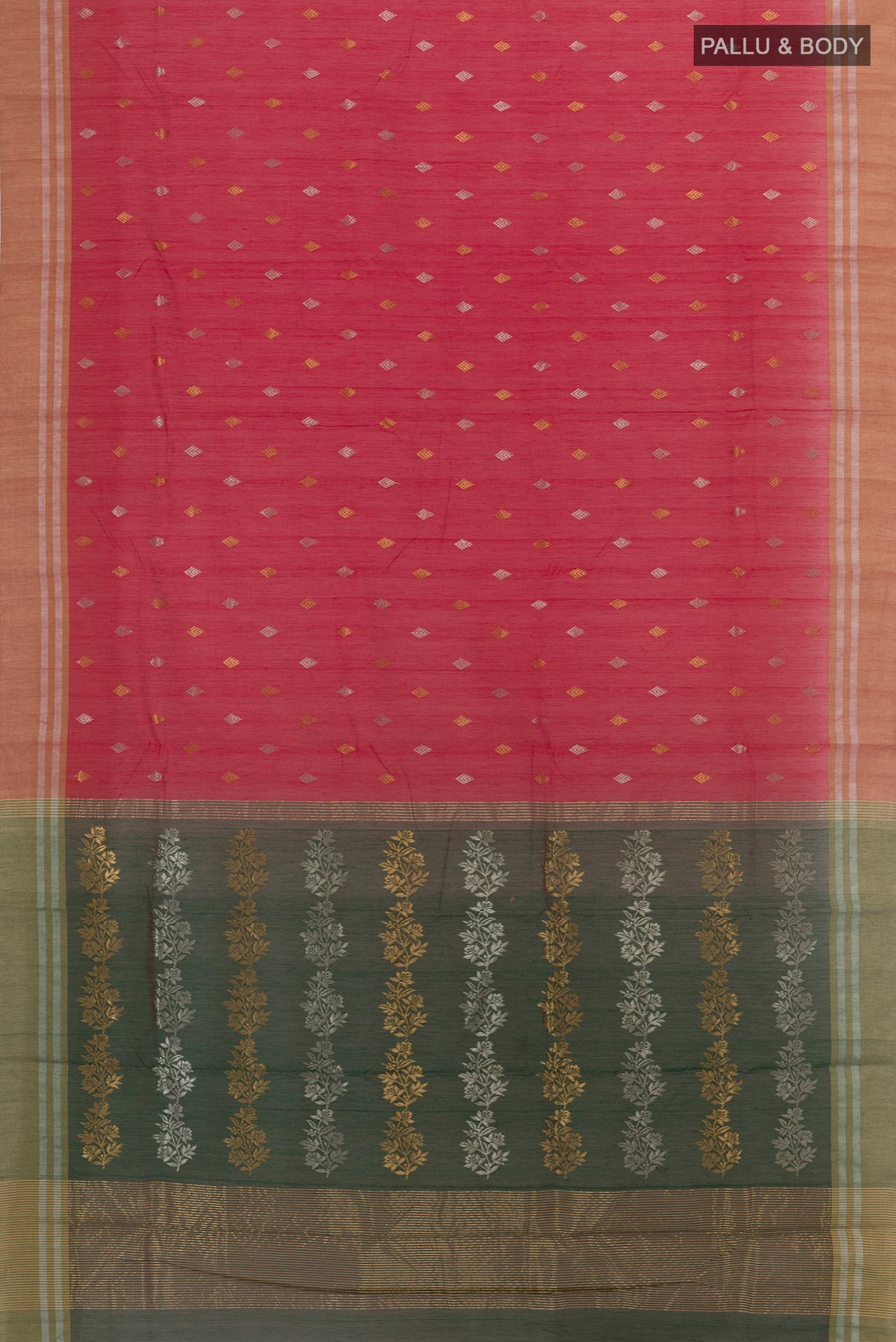 Flat view of Red Blended Chanderi Silk Cotton Saree with Zari Butta on the body and Zari Border. 