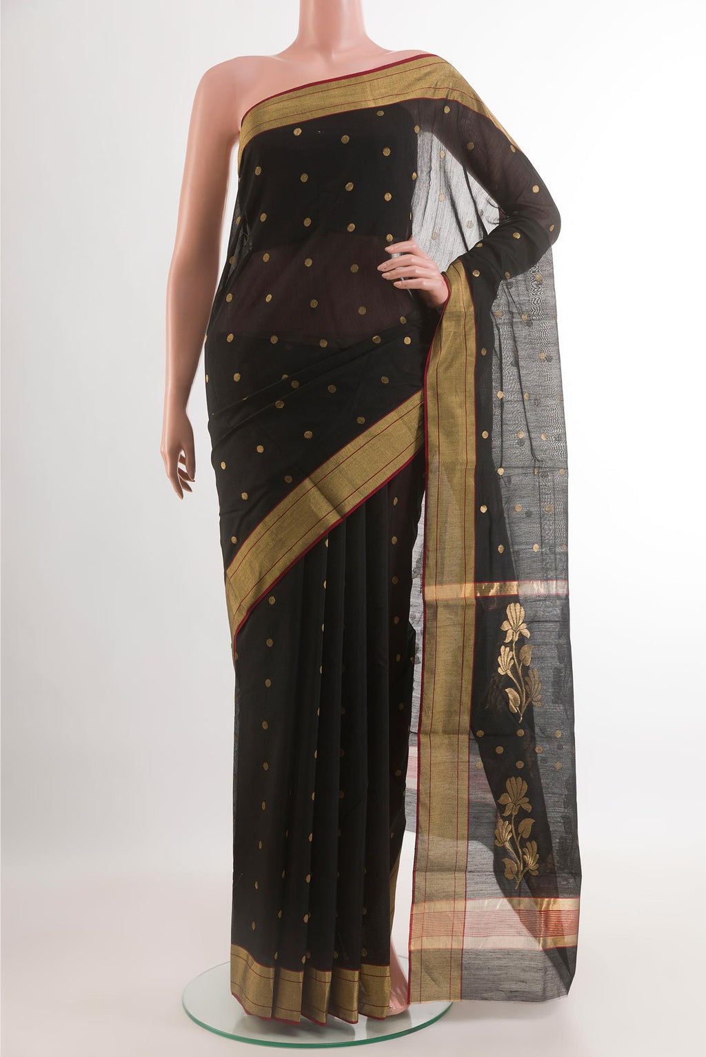 Black Blended Chanderi Silk Cotton Saree with Zari Butta on the body and Zari Border.  displayed on a mannequin