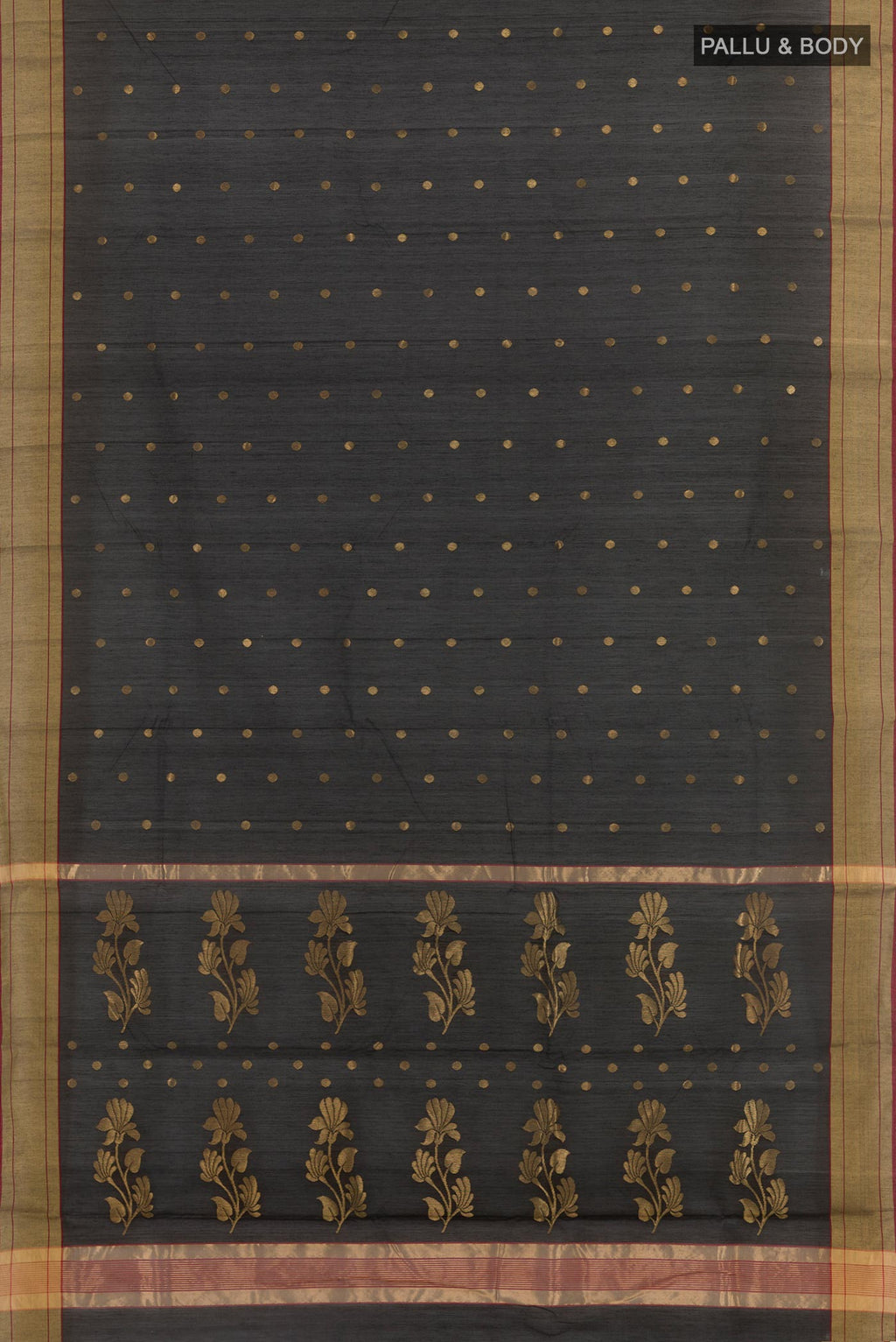 Flat view of Black Blended Chanderi Silk Cotton Saree with Zari Butta on the body and Zari Border. 