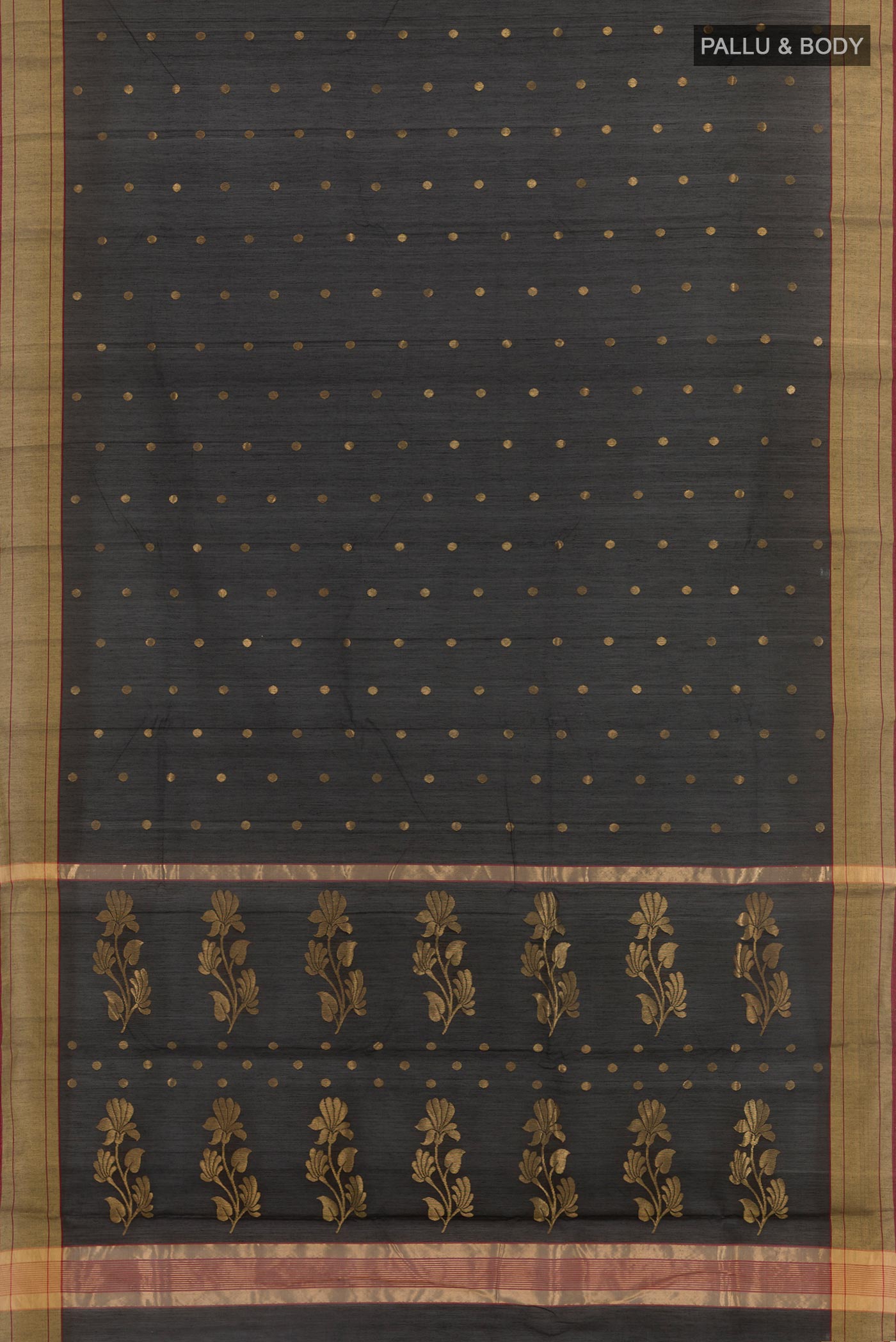 Flat view of Black Blended Chanderi Silk Cotton Saree with Zari Butta on the body and Zari Border. 
