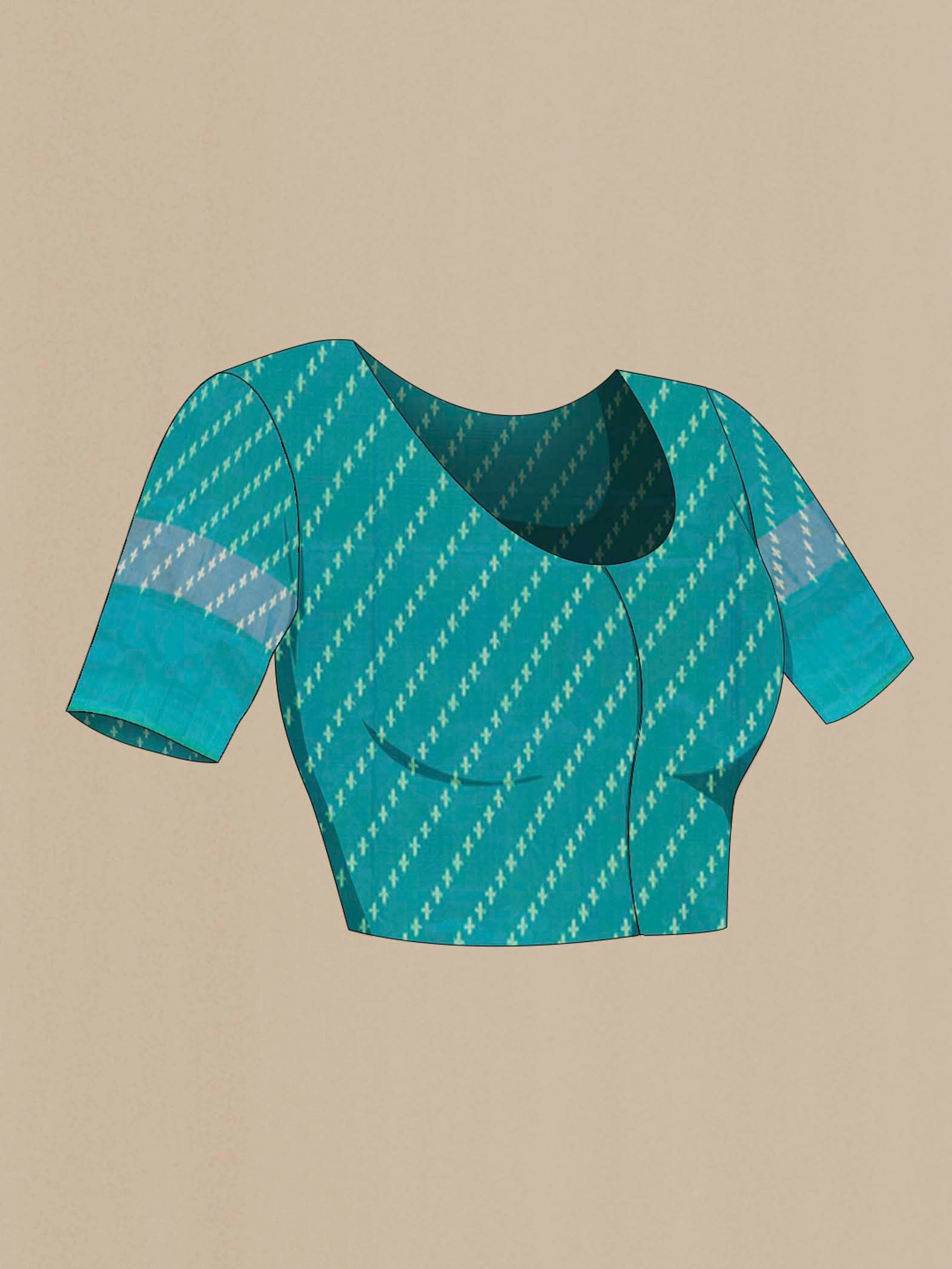 Close up image of the blouse of Yellow Pochampally Silk Saree with Pure Ikat on the body and Ikat Border