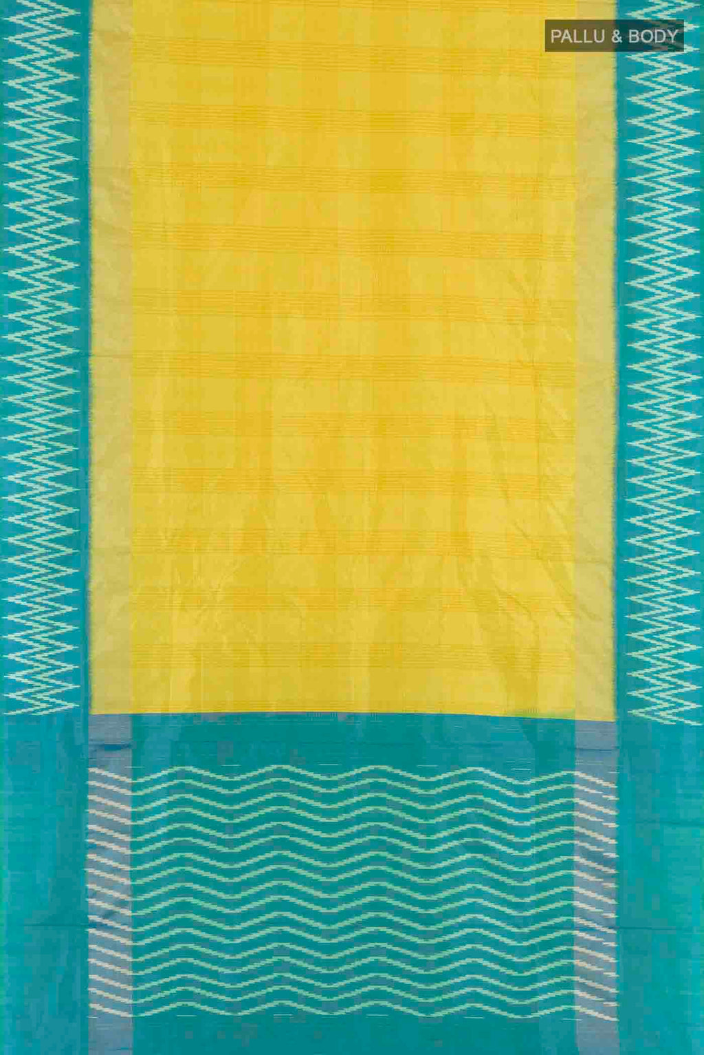Flat view of Yellow Pochampally Silk Saree with Pure Ikat on the body and Ikat Border