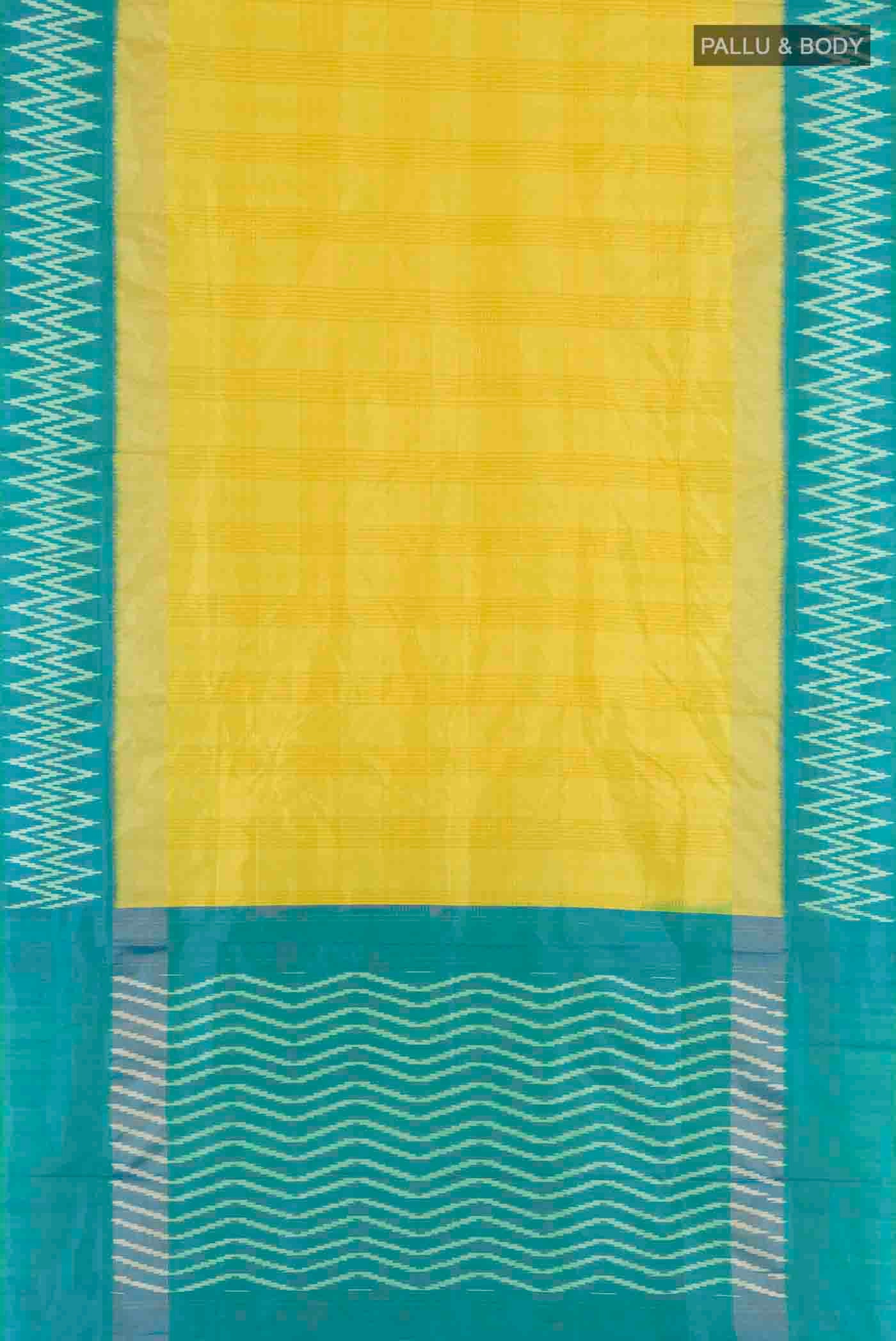 Flat view of Yellow Pochampally Silk Saree with Pure Ikat on the body and Ikat Border