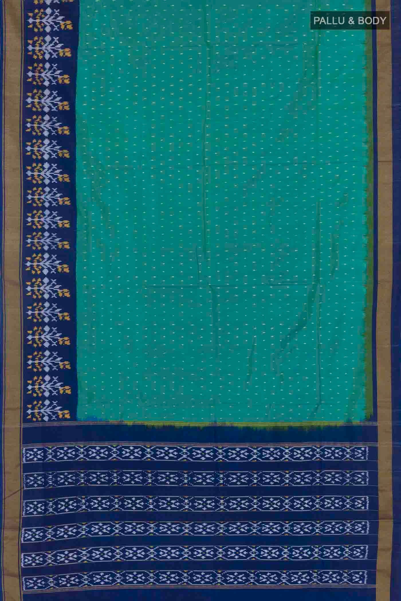 Flat view of Sea Green Pochampally Silk Saree with Ikat design on the body and Zari Border