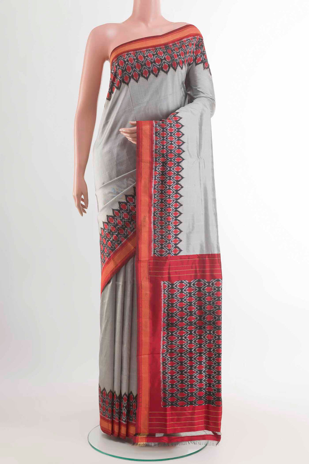 Grey Pochampally Silk Saree with Plain Body and Zari Border displayed on a mannequin
