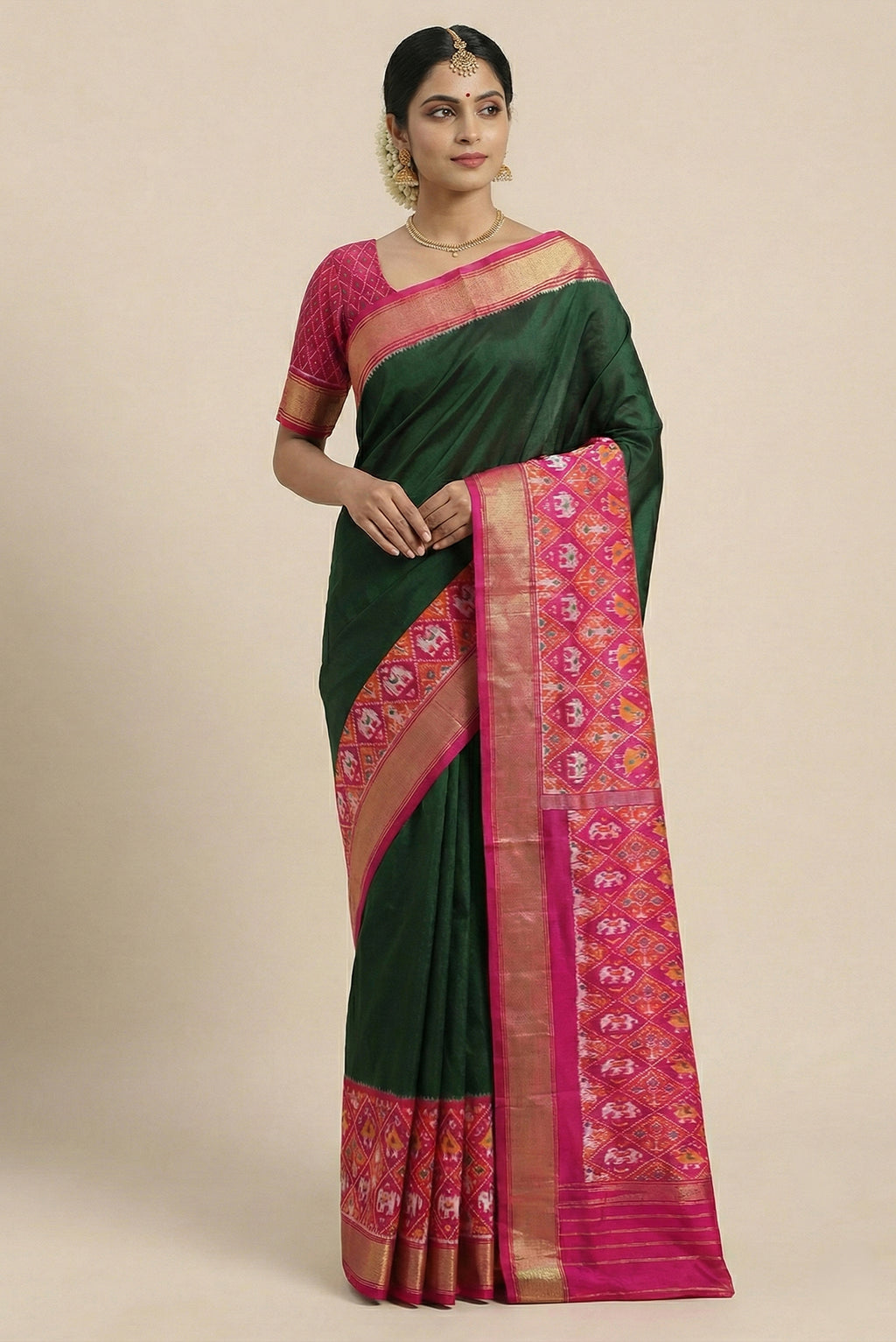 Model wearing a Bottle Green Pochampally Silk Saree with Plain Body and Zari Border