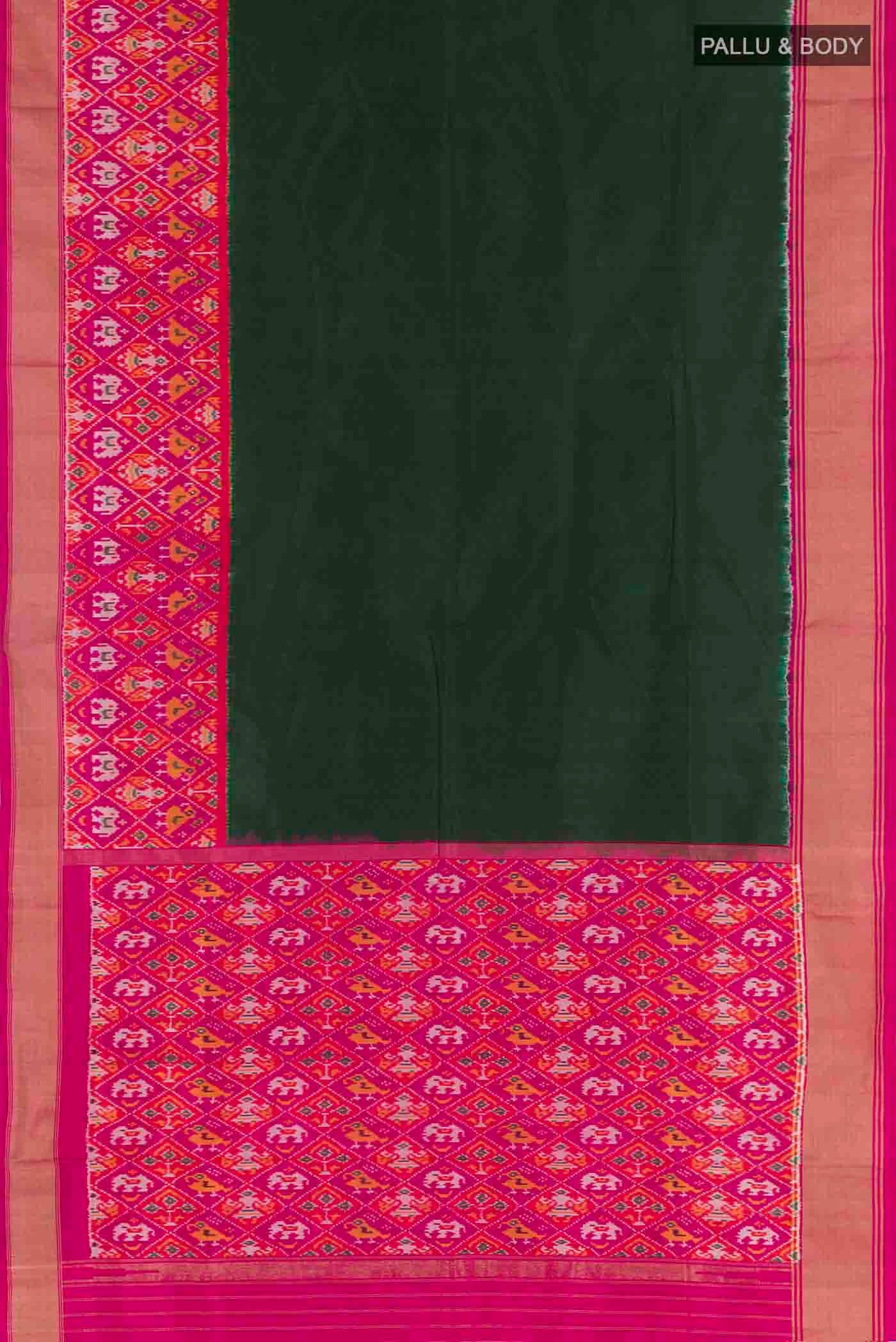 Flat view of Bottle Green Pochampally Silk Saree with Plain Body and Zari Border