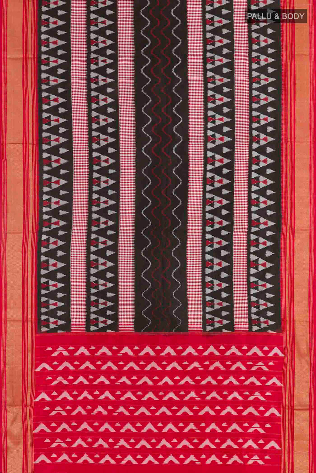Flat view of Black Pochampally Silk Saree with Pure Ikat on the body and Zari Border