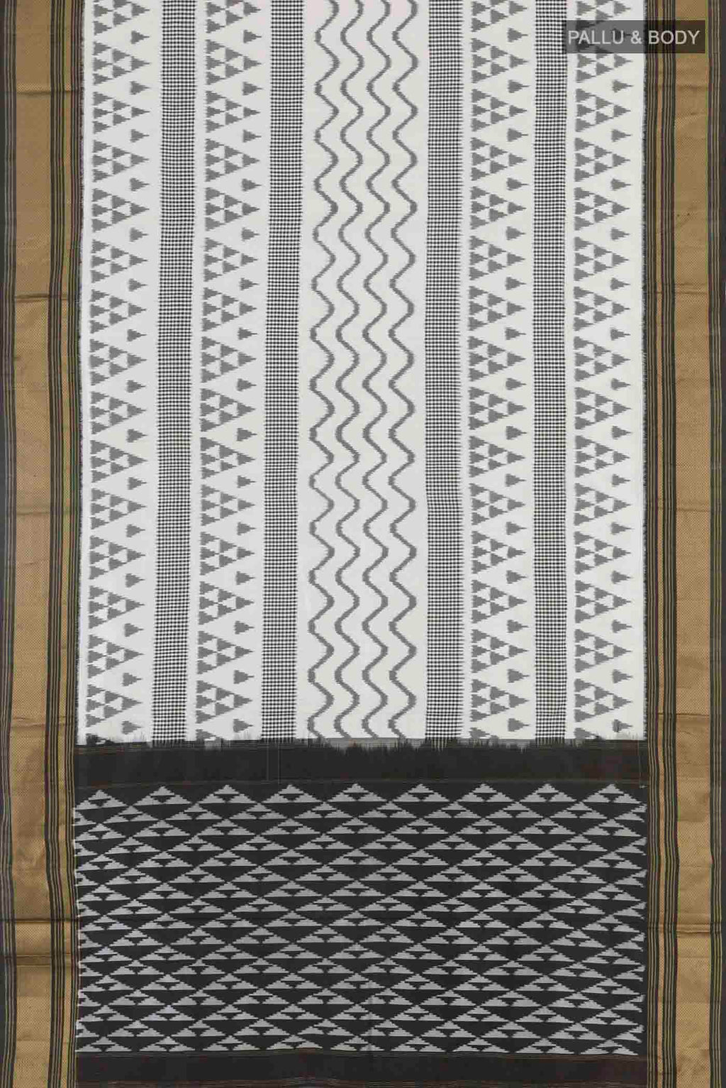 Flat view of Off White Pochampally Silk Saree with Pure Ikat on the body and Zari Border