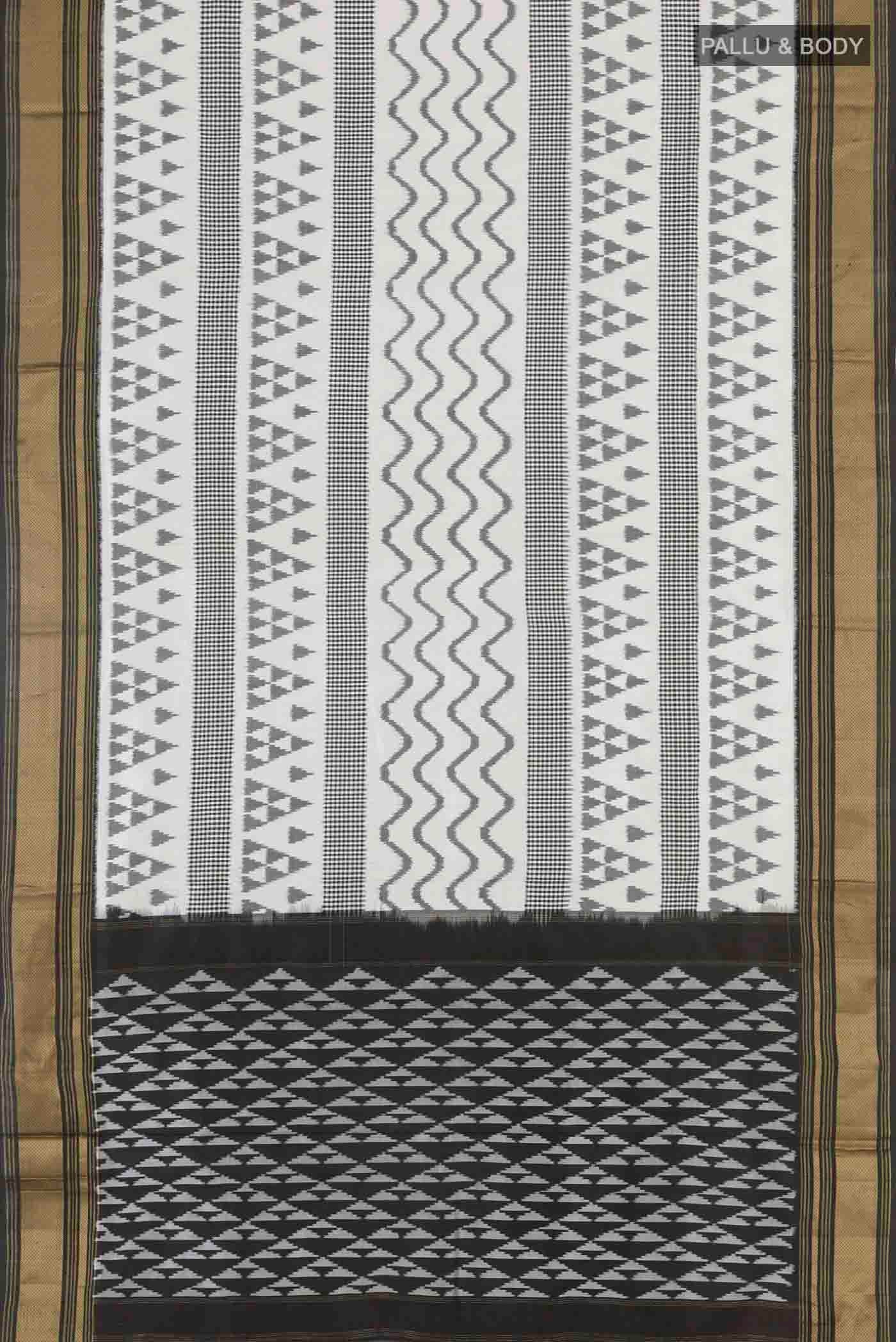 Flat view of Off White Pochampally Silk Saree with Pure Ikat on the body and Zari Border