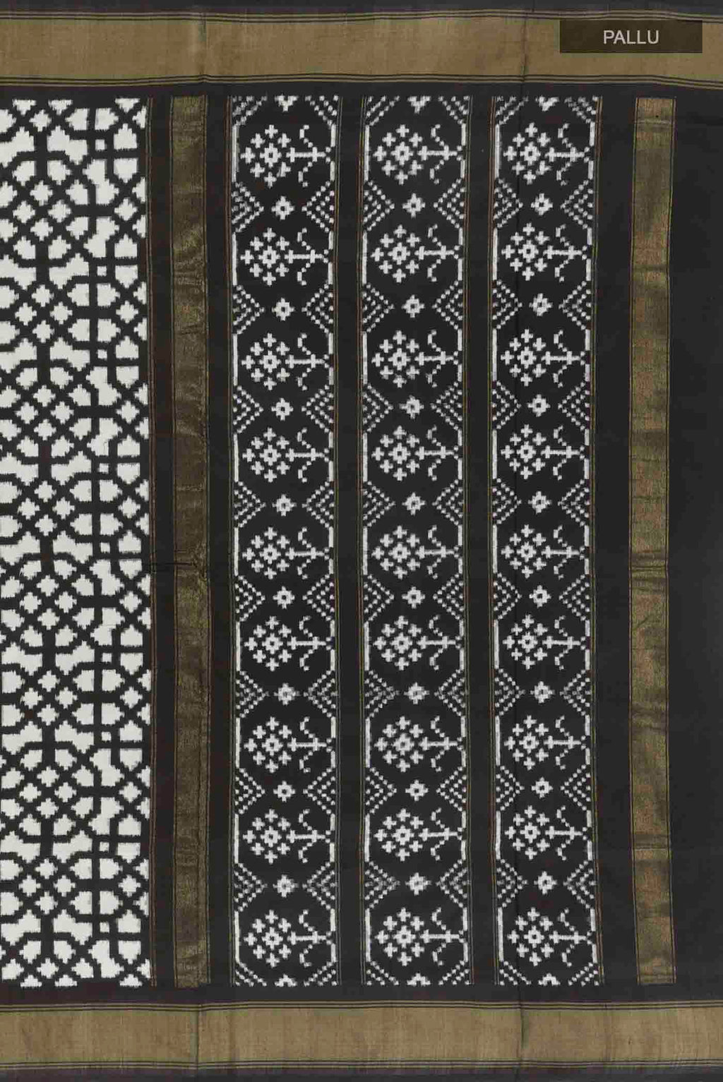 Close up image of the pallu of Off White Pochampally Silk Saree with Pure Ikat on the body and Zari Border