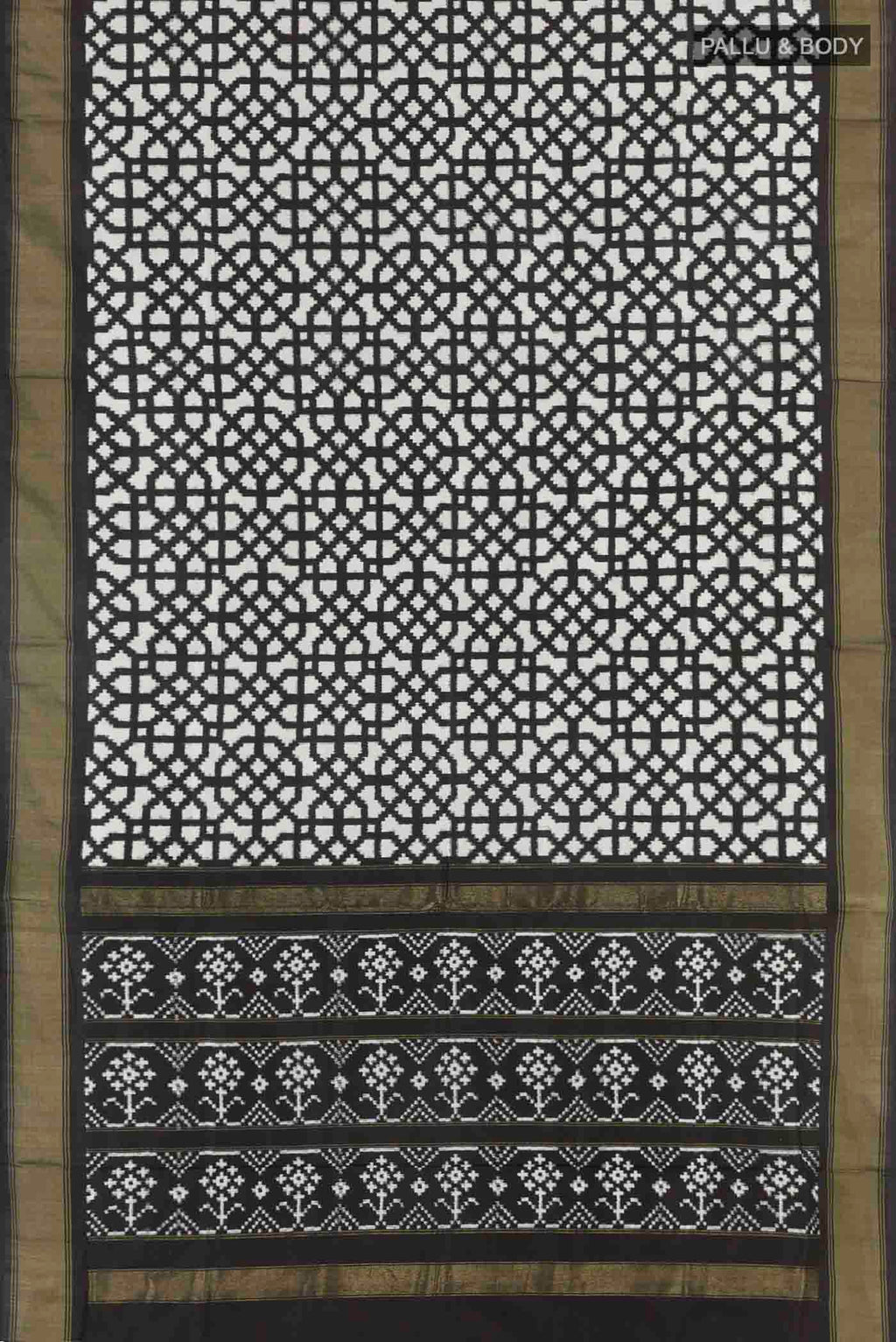 Flat view of Off White Pochampally Silk Saree with Pure Ikat on the body and Zari Border