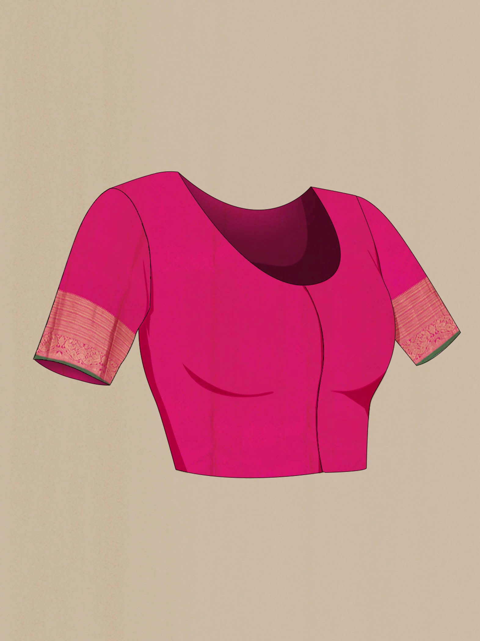 Close up image of the blouse of Orange with Pink Color Kanchipuram Silk Saree with Jacquard With Zari Butta on the body and Zari Border