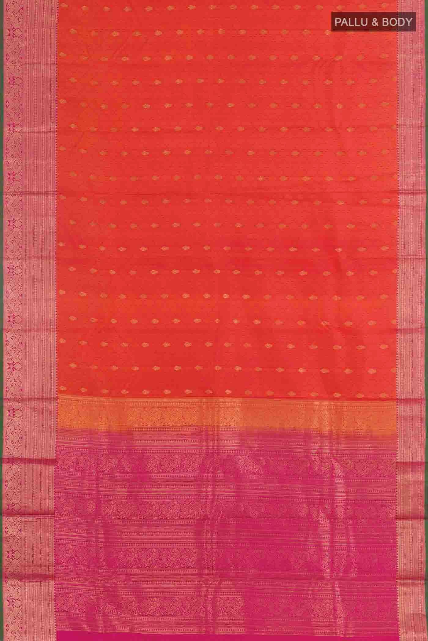 Flat view of Orange with Pink Color Kanchipuram Silk Saree with Jacquard With Zari Butta on the body and Zari Border