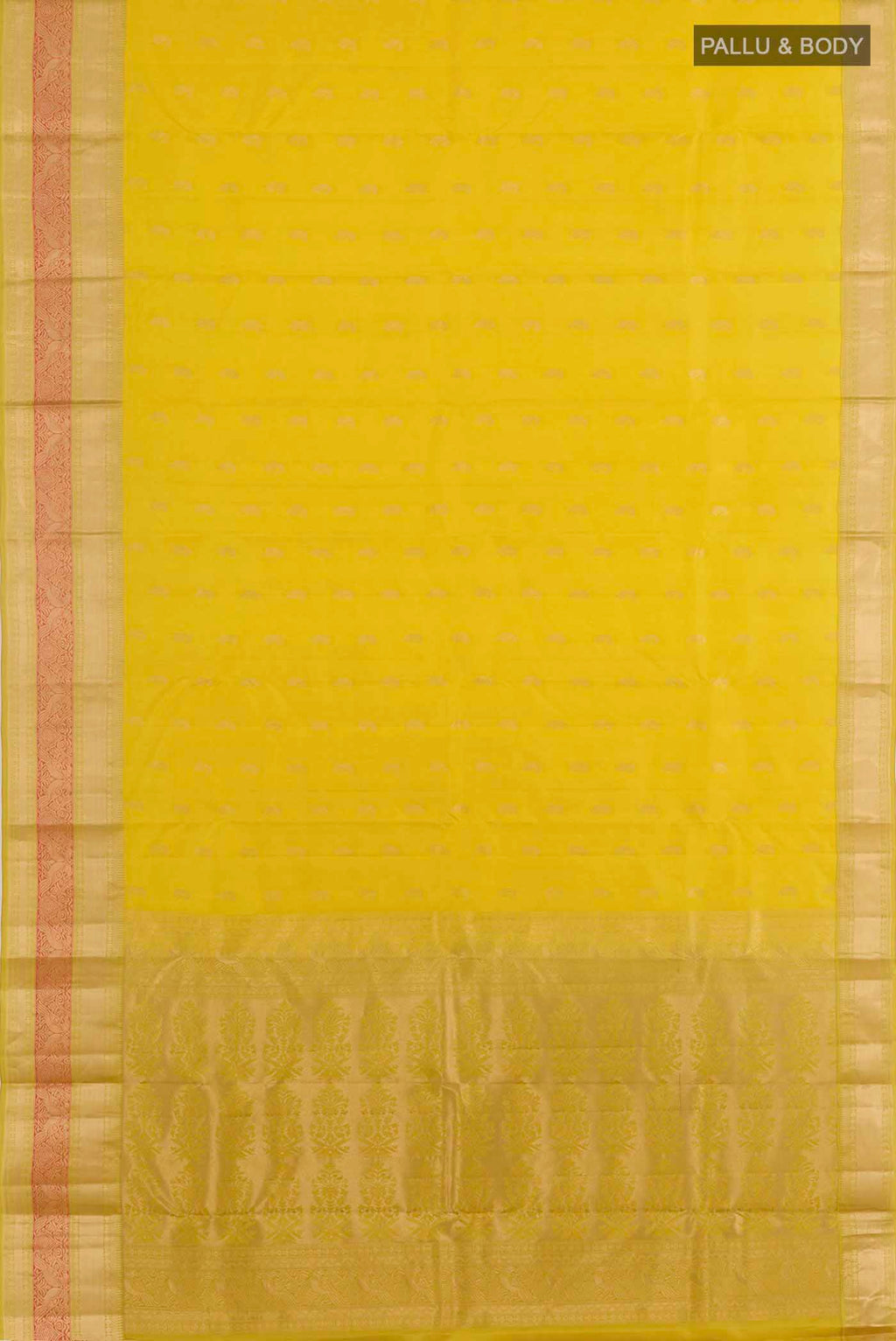 Flat view of Lemon Yellow Kanchipuram Silk Saree with Zari Butta on the body and Zari Border