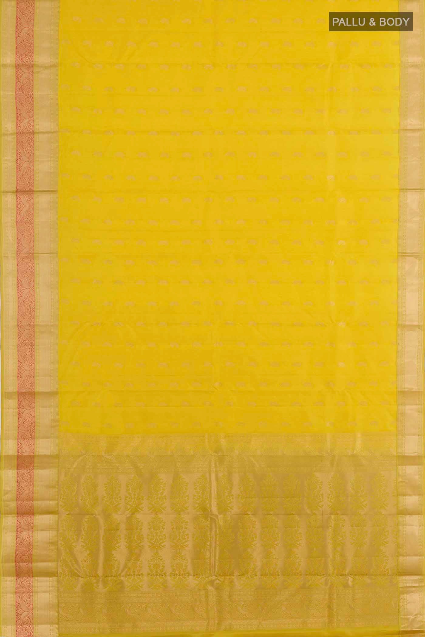 Flat view of Lemon Yellow Kanchipuram Silk Saree with Zari Butta on the body and Zari Border