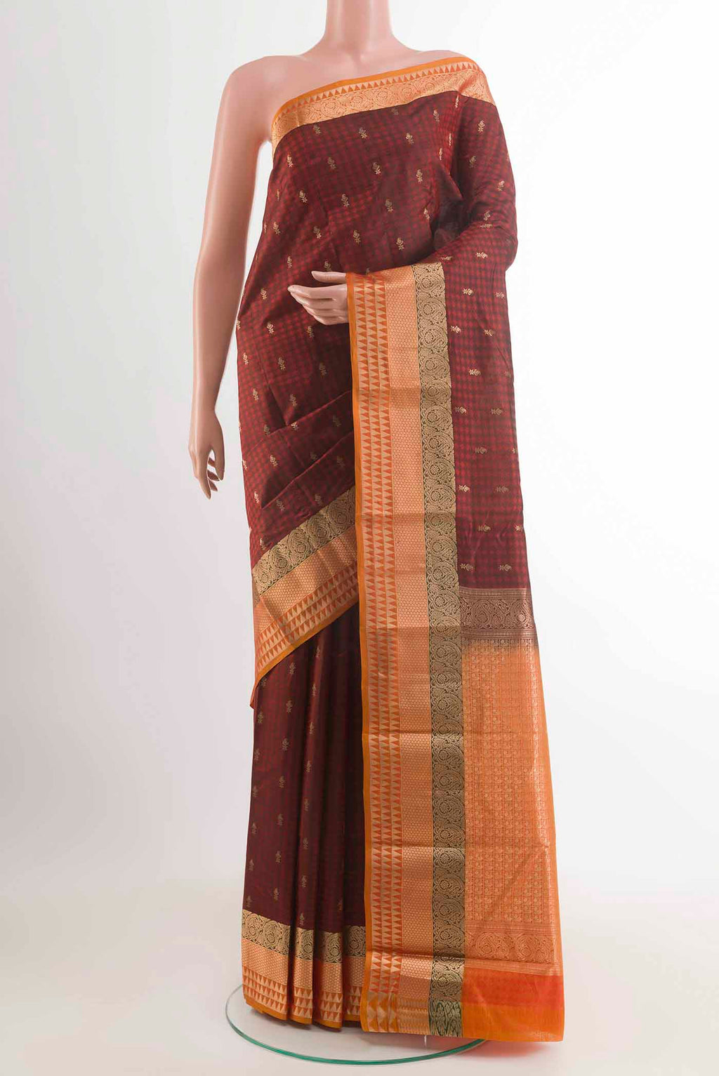 Maroon Kanchipuram Silk Saree with Jacquard With Zari Butta on the body and Zari Border displayed on a mannequin