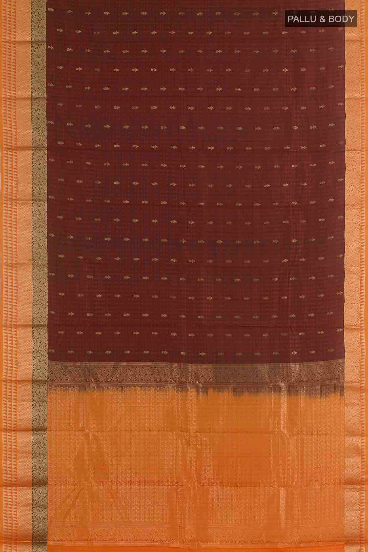 Flat view of Maroon Kanchipuram Silk Saree with Jacquard With Zari Butta on the body and Zari Border