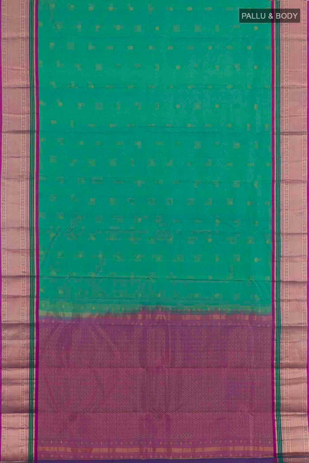 Flat view of Turquoise Kanchipuram Silk Saree with Jacquard With Zari Butta on the body and Zari Border