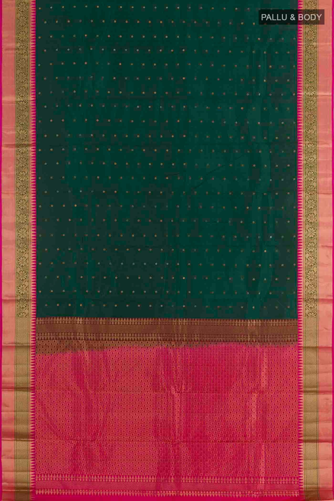 Flat view of Green Kanchipuram Silk Saree with Zari Butta on the body and Zari Border