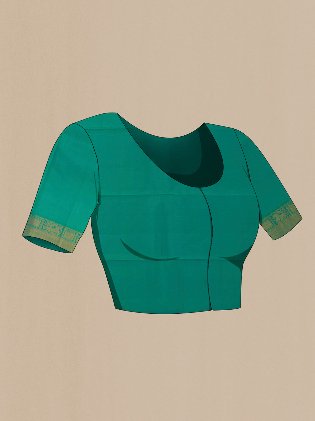 Close up image of the blouse of Pure Silk Pure Zari Sea Green Kanchipuram Saree with Zari Butta on the body and Zari Border. 
