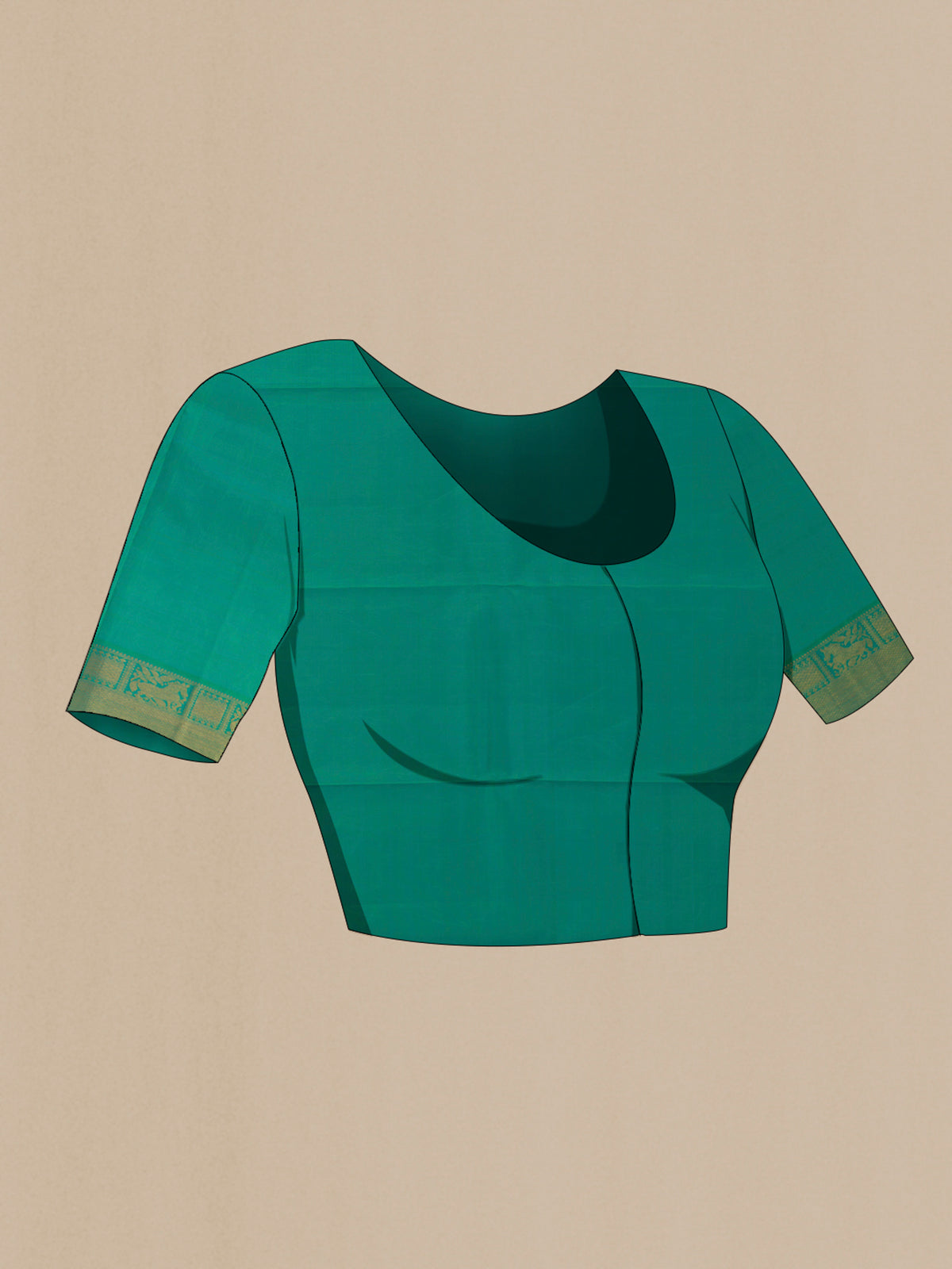 Close up image of the blouse of Pure Silk Pure Zari Sea Green Kanchipuram Saree with Zari Butta on the body and Zari Border. 