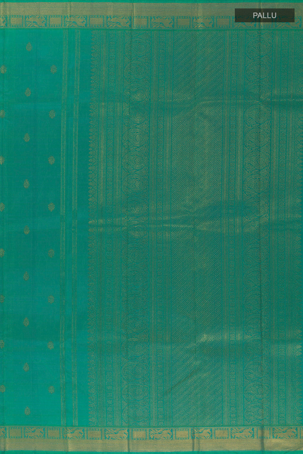 Close up image of the pallu of Pure Silk Pure Zari Sea Green Kanchipuram Saree with Zari Butta on the body and Zari Border. 
