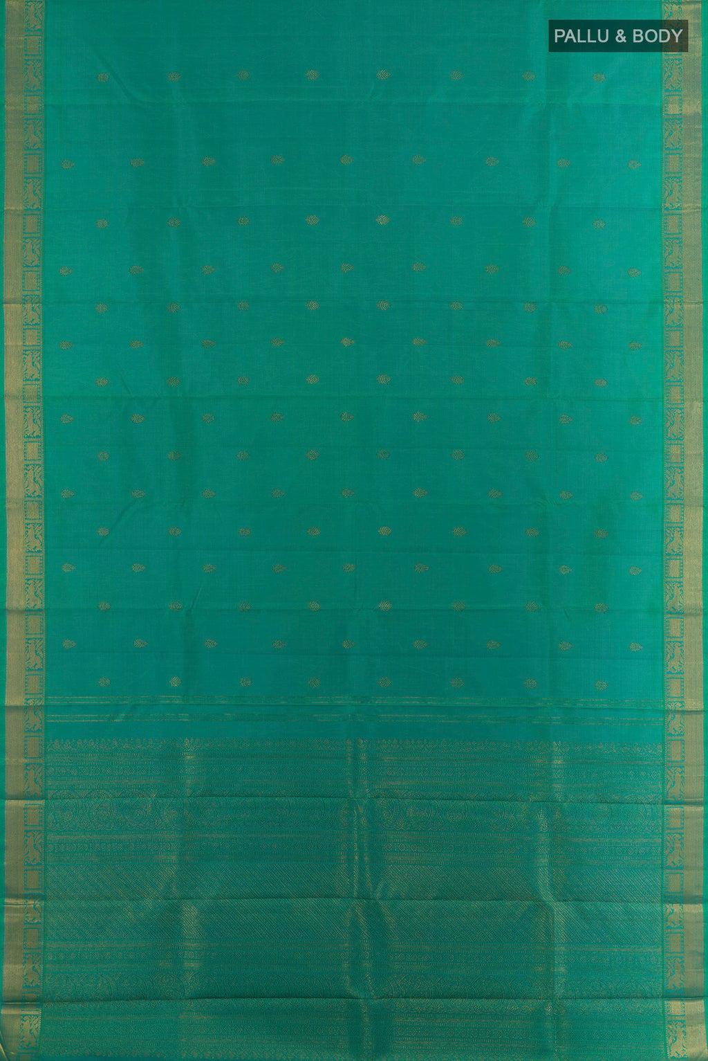 Flat view of Pure Silk Pure Zari Sea Green Kanchipuram Saree with Zari Butta on the body and Zari Border. 