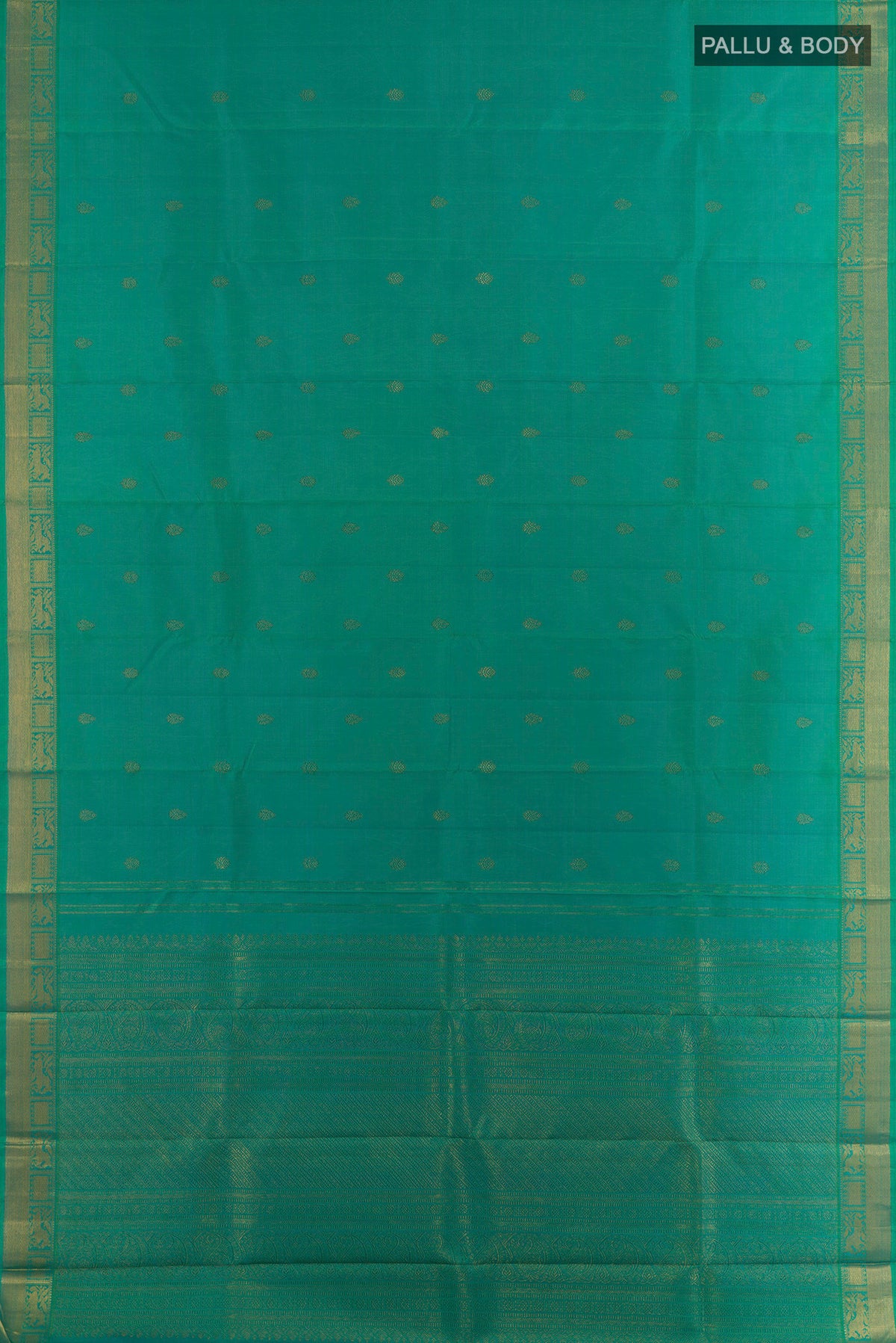 Flat view of Pure Silk Pure Zari Sea Green Kanchipuram Saree with Zari Butta on the body and Zari Border. 