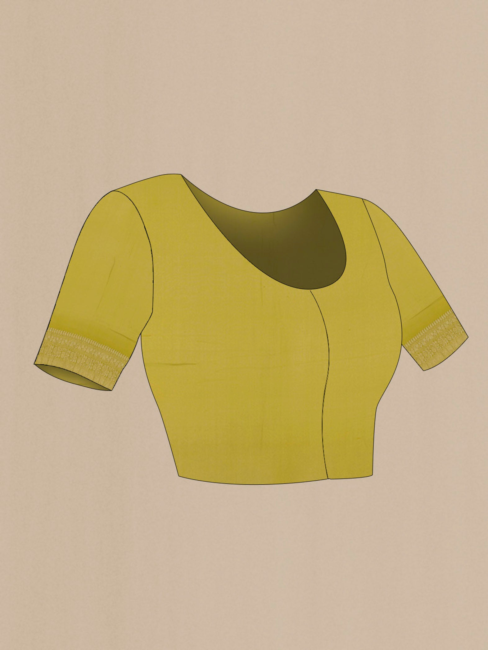 Close up image of the blouse of Lemon Yellow Crepe Saree with Zari Butta on the body and Zari Border. 