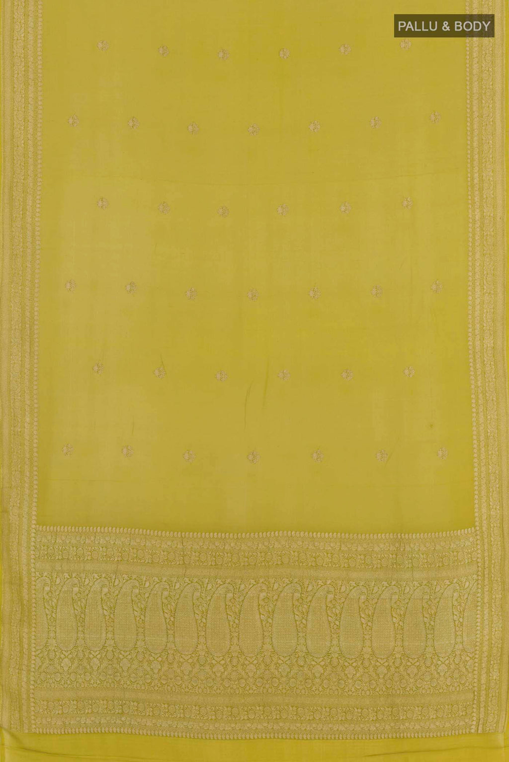Flat view of Lemon Yellow Crepe Saree with Zari Butta on the body and Zari Border. 