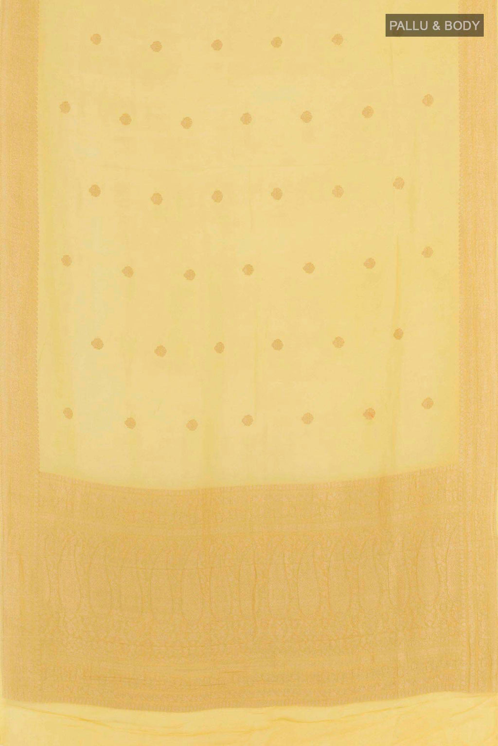 Flat view of Yellow Mysore Chiffon Saree with Zari Butta on the body and Zari Border