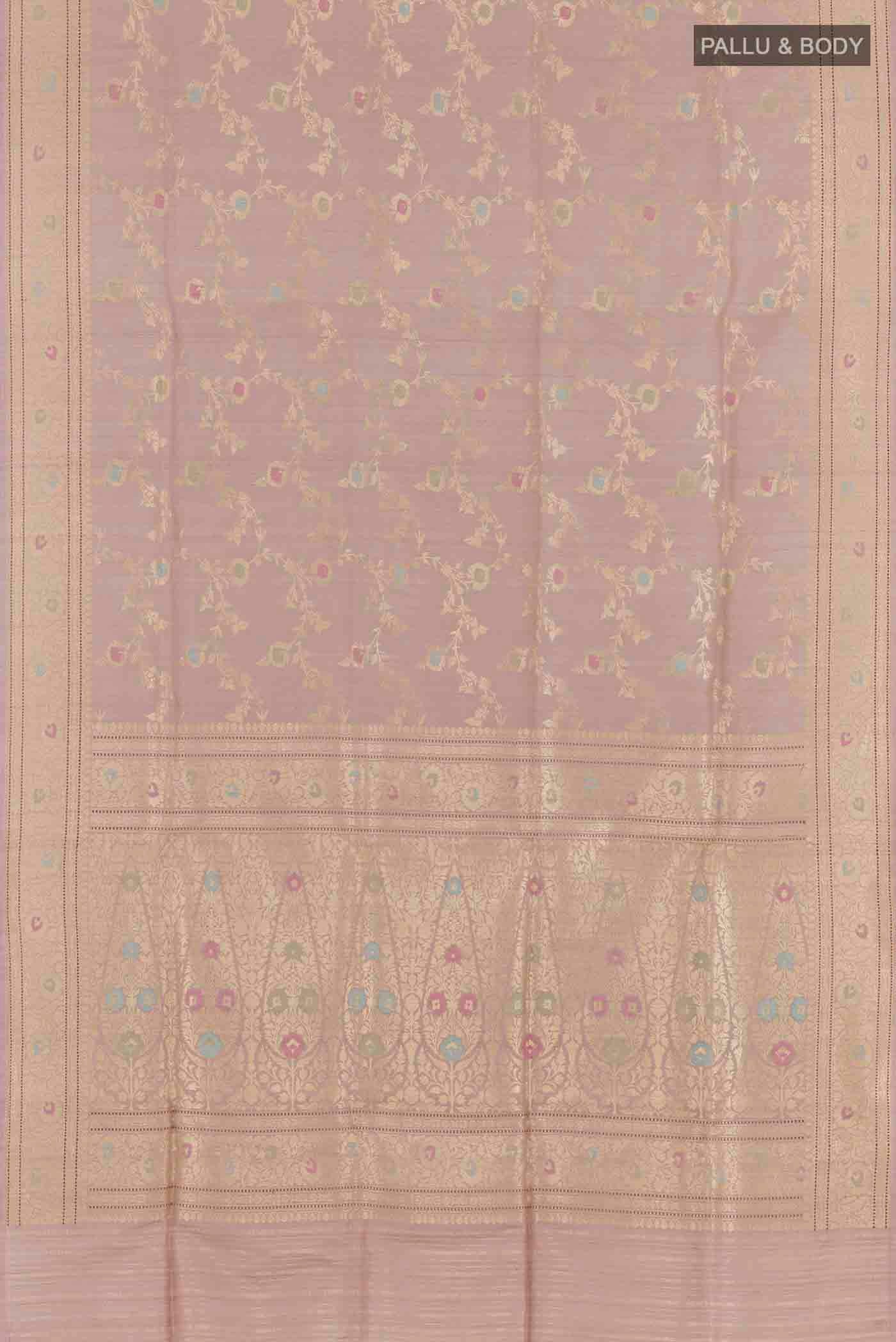 Flat view of Lavender Banarasi Silk Saree with Zari Brocade on the body and Zari Border