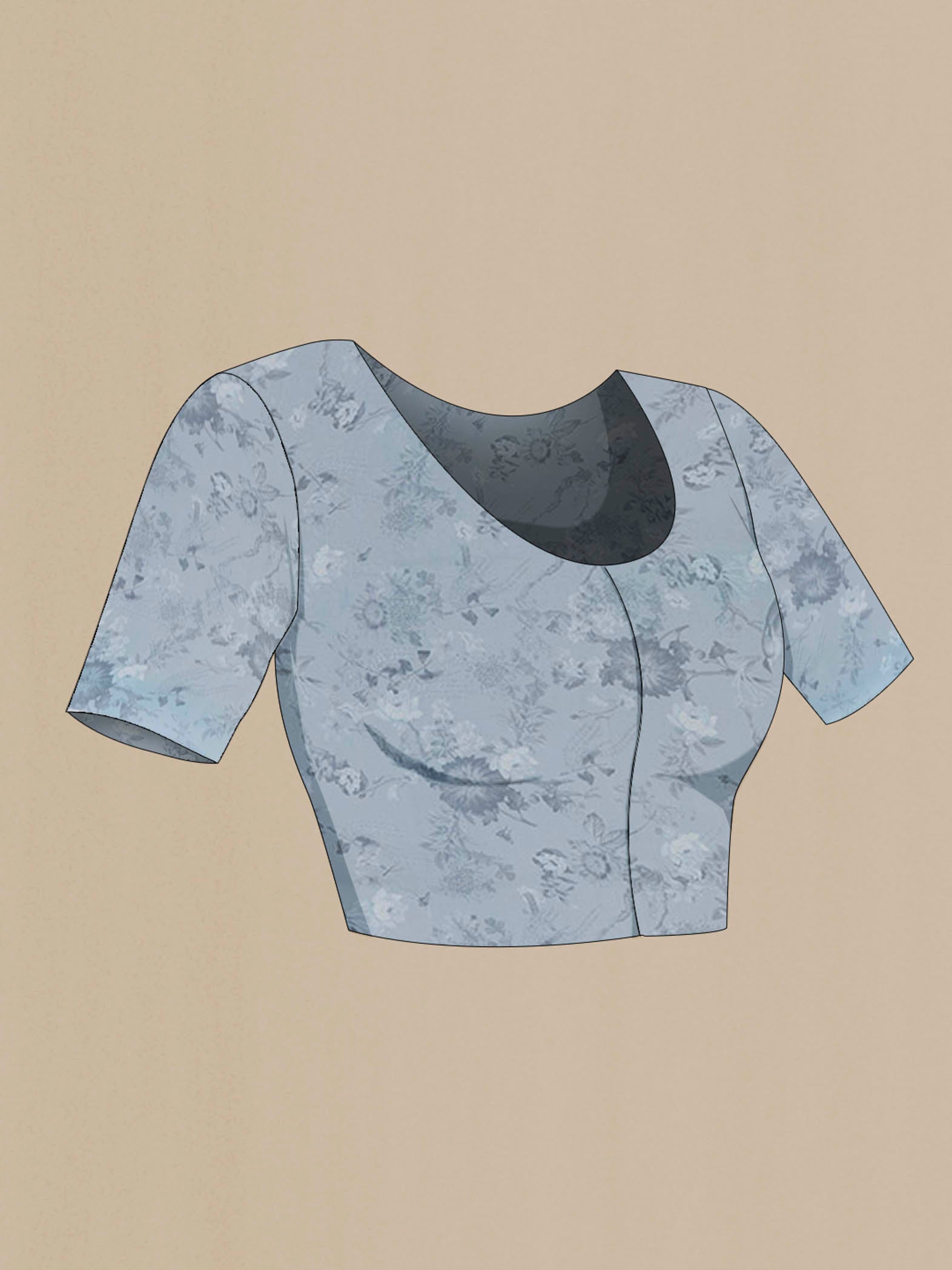 Close up image of the blouse of Blue Mysore Crepe Saree with Floral Print on the body and Without Border