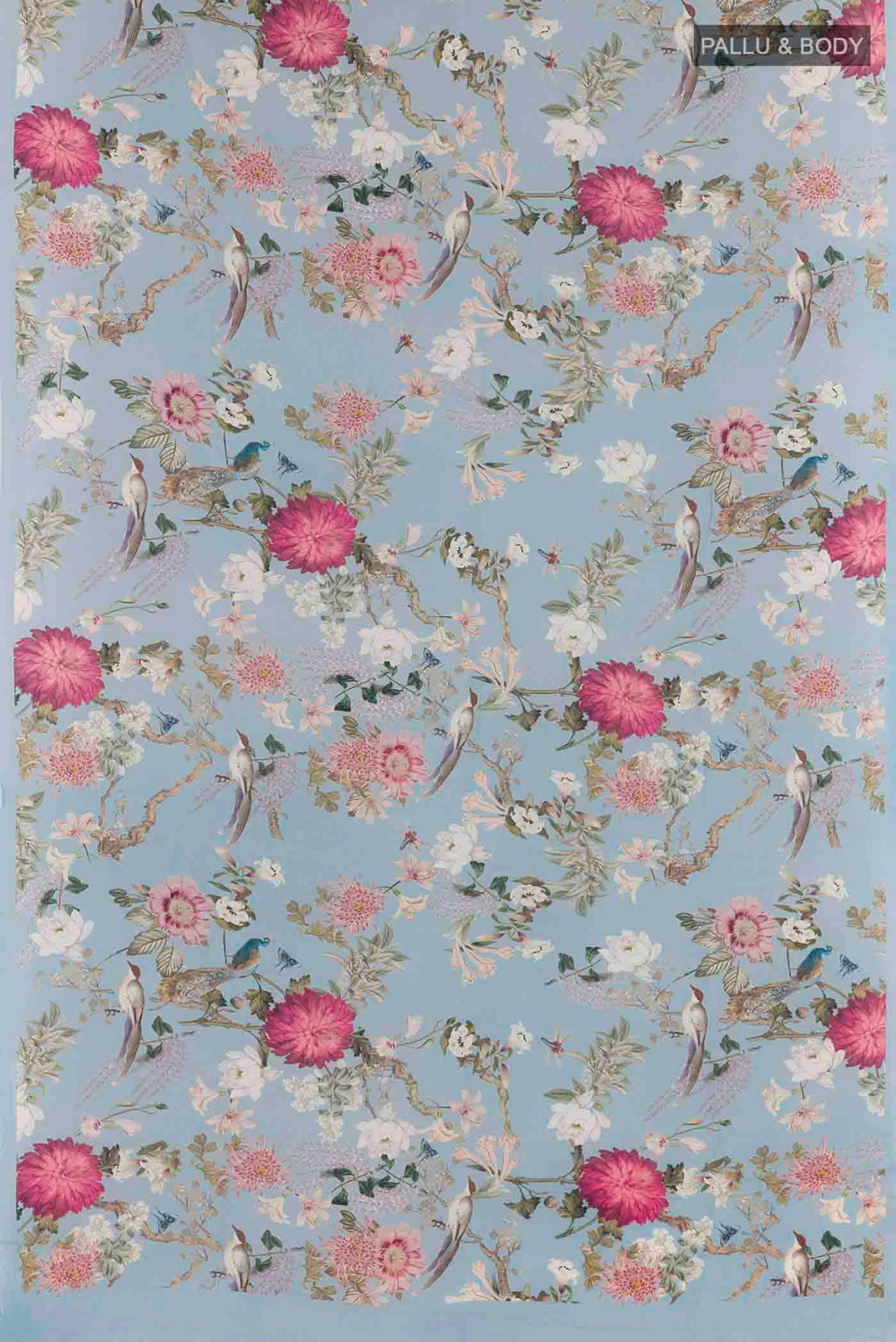 Flat view of Blue Mysore Crepe Saree with Floral Print on the body and Without Border