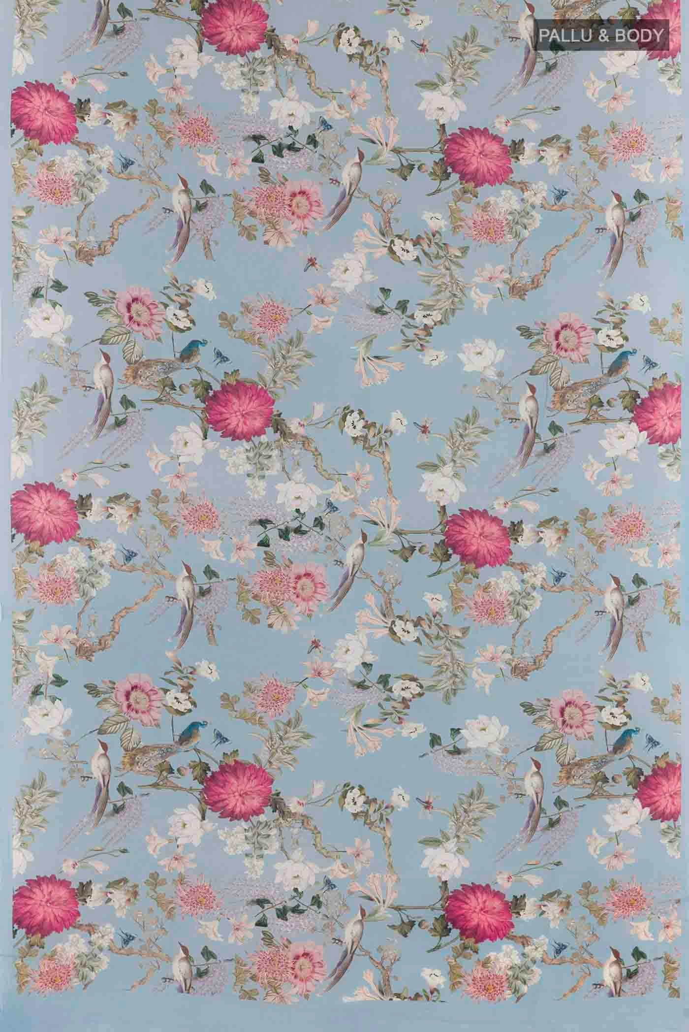 Flat view of Blue Mysore Crepe Saree with Floral Print on the body and Without Border