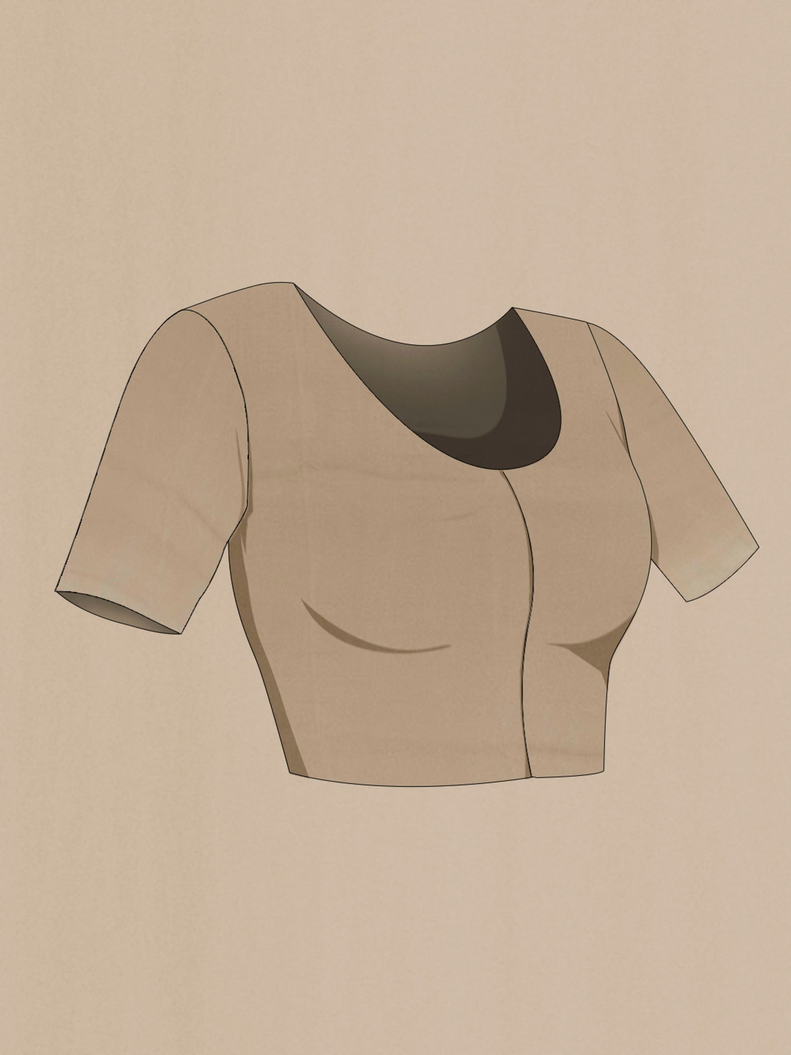 Close up image of the blouse of Beige Crepe Saree with Printed design on the body and Plain Border