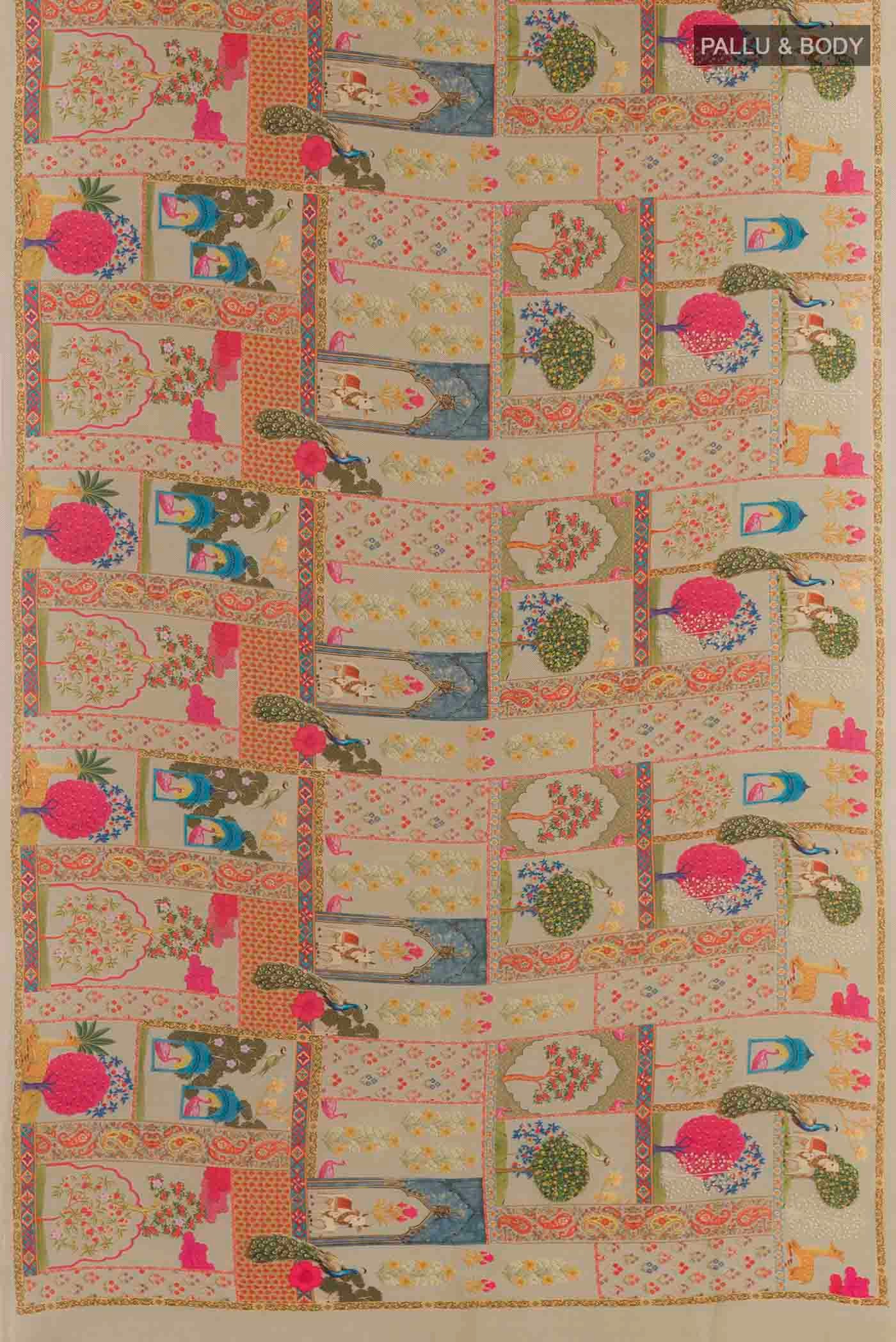 Flat view of Beige Crepe Saree with Printed design on the body and Plain Border